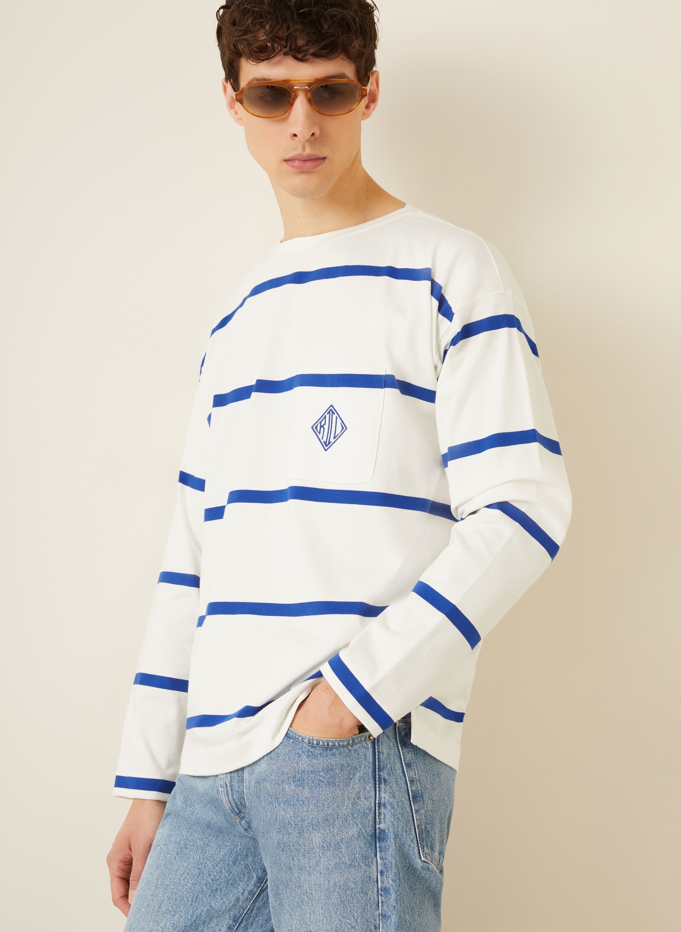 RALPH LAUREN PURPLE LABEL T-shirt à manches longues: BLANC / BLEU