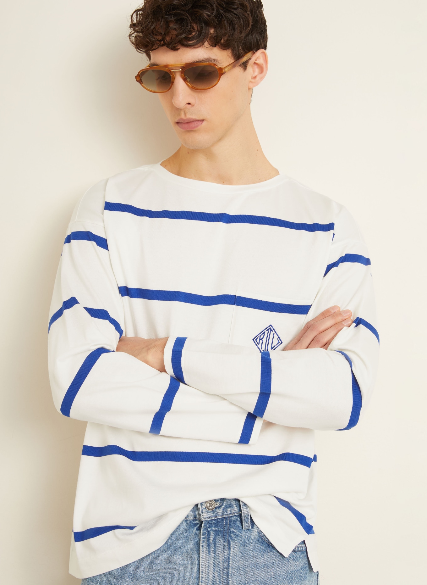 RALPH LAUREN PURPLE LABEL T-shirt à manches longues: BLANC / BLEU