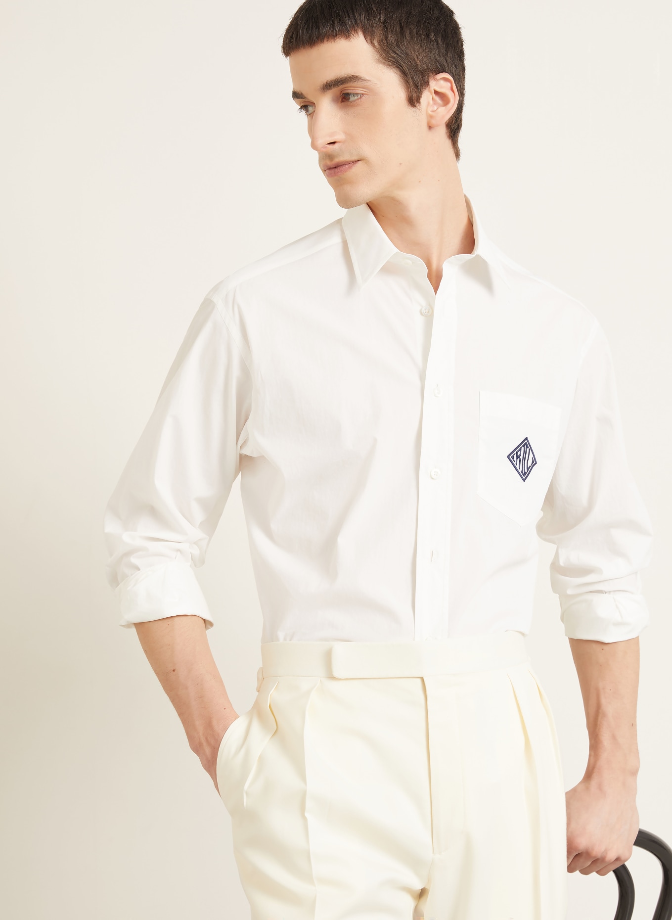 RALPH LAUREN PURPLE LABEL Hemd Relaxed Fit: ECRU / DUNKELBLAU