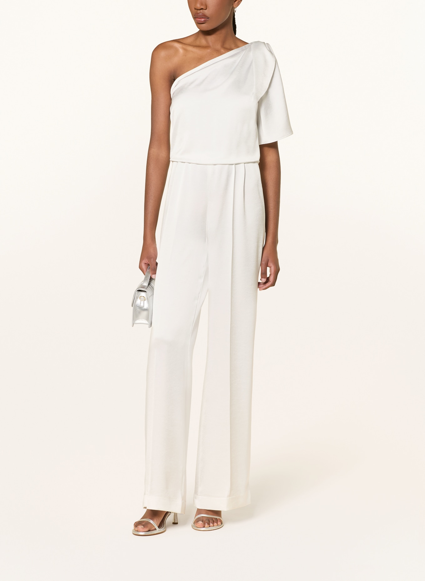 RIANI One-shoulder satin jumpsuit: WHITE