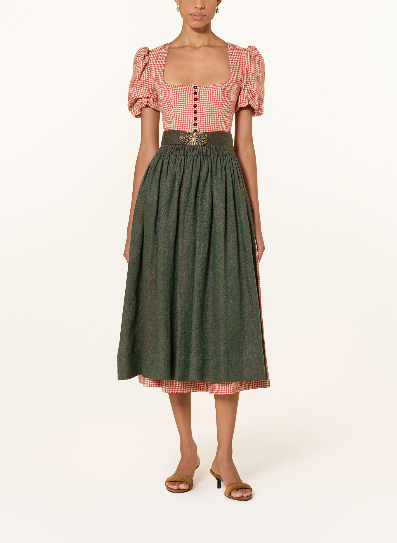 Gottseidank Dirndl LAURA z lnu: ČERVENÁ / KRÉMOVÁ / TMAVĚ ZELENÁ