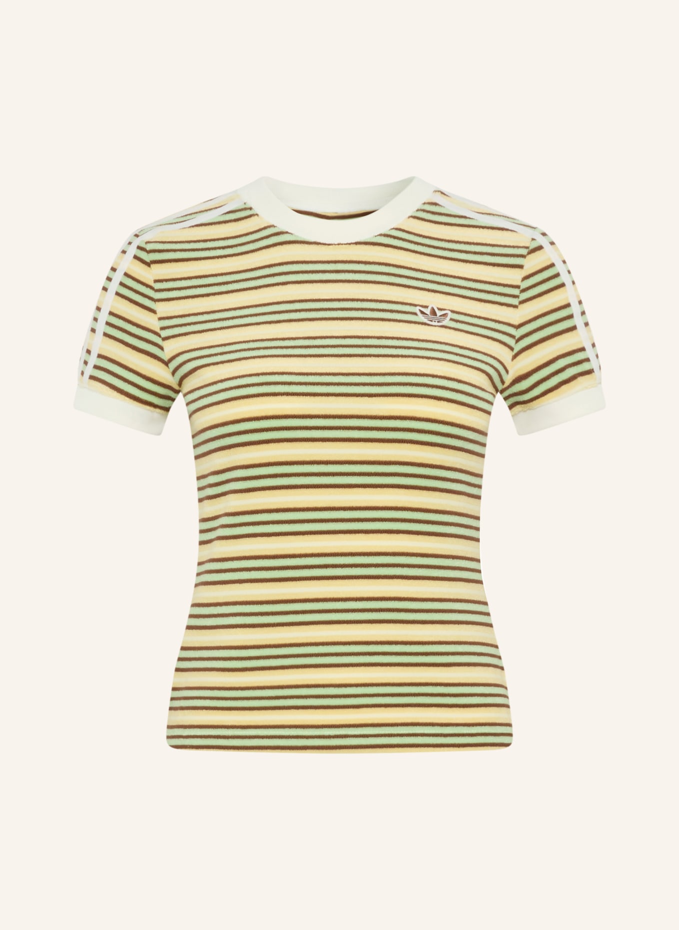 adidas Originals T-Shirt ADIDAS ORIGINALS SUMMER GLOW SLIM STRIPED aus Frottee: BEIGE / DUNKELBRAUN / HELLGRÜN