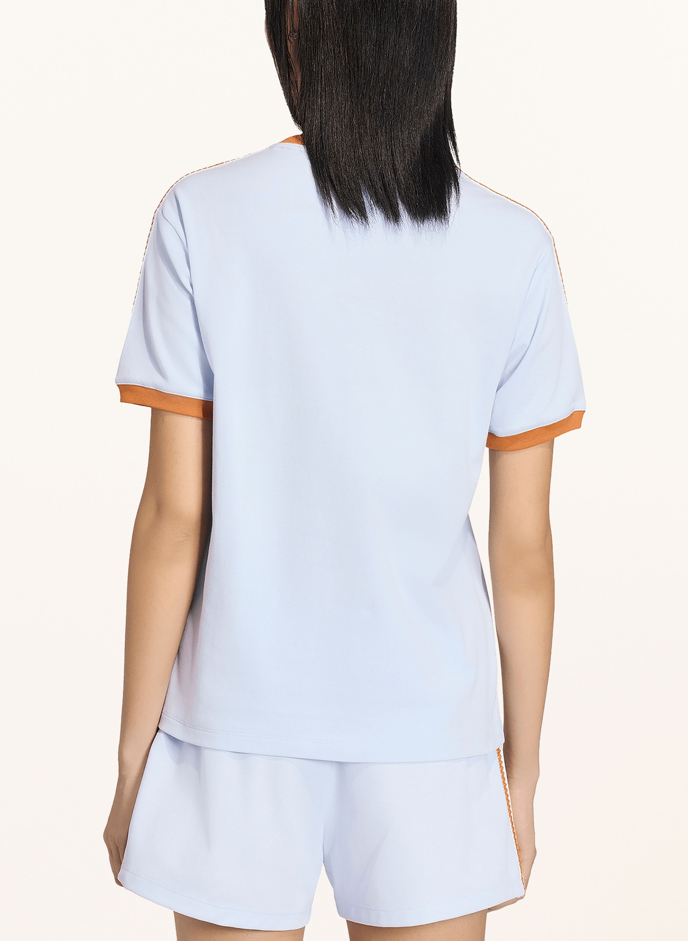 adidas Originals T-shirt ADIDAS ORIGINALS SUMMER GLOW ADVANCED THREE STRIPES: LIGHT BLUE / DARK ORANGE / WHITE