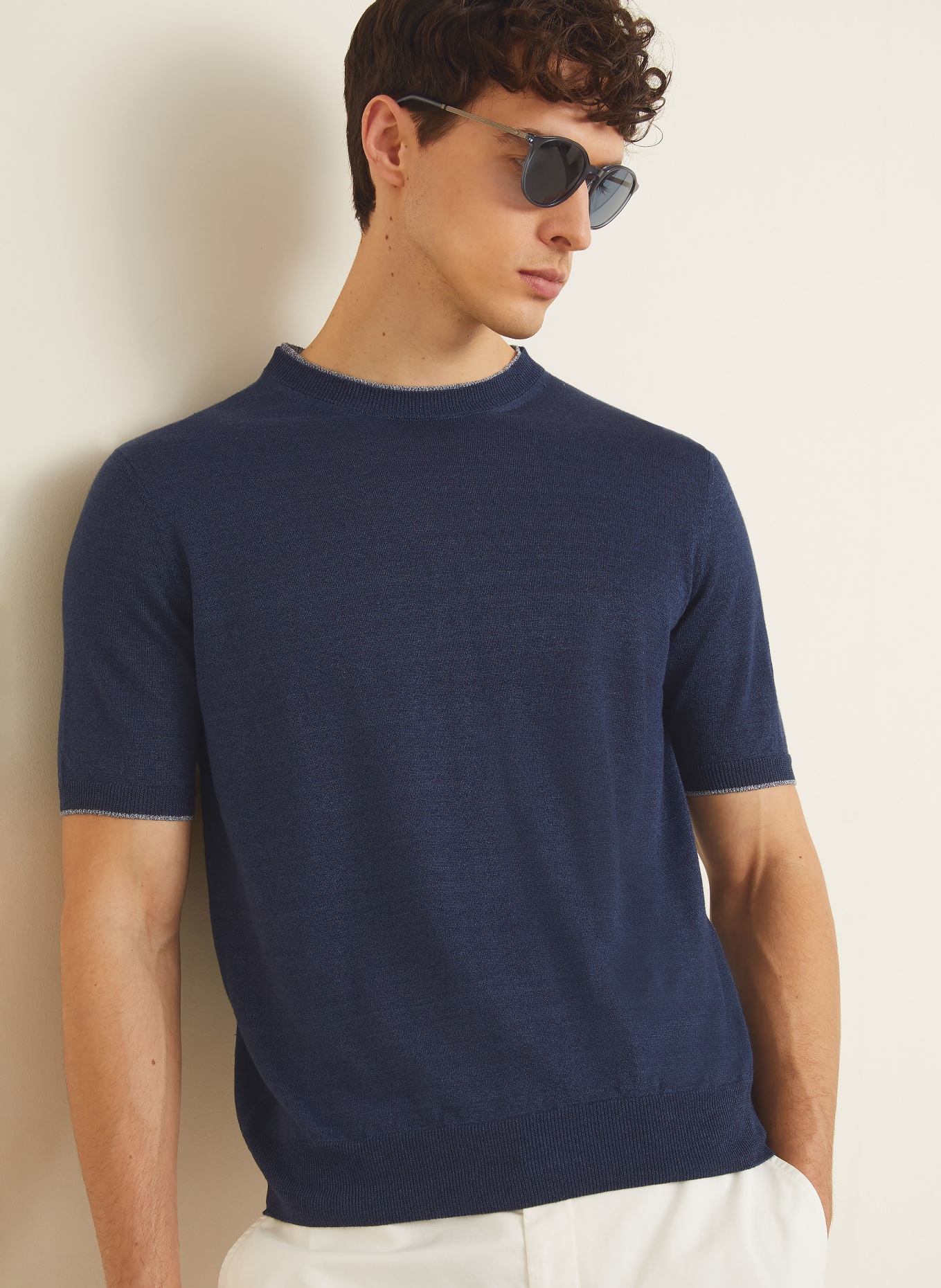 FIORONI Gebreid shirt met linnen: DONKERBLAUW