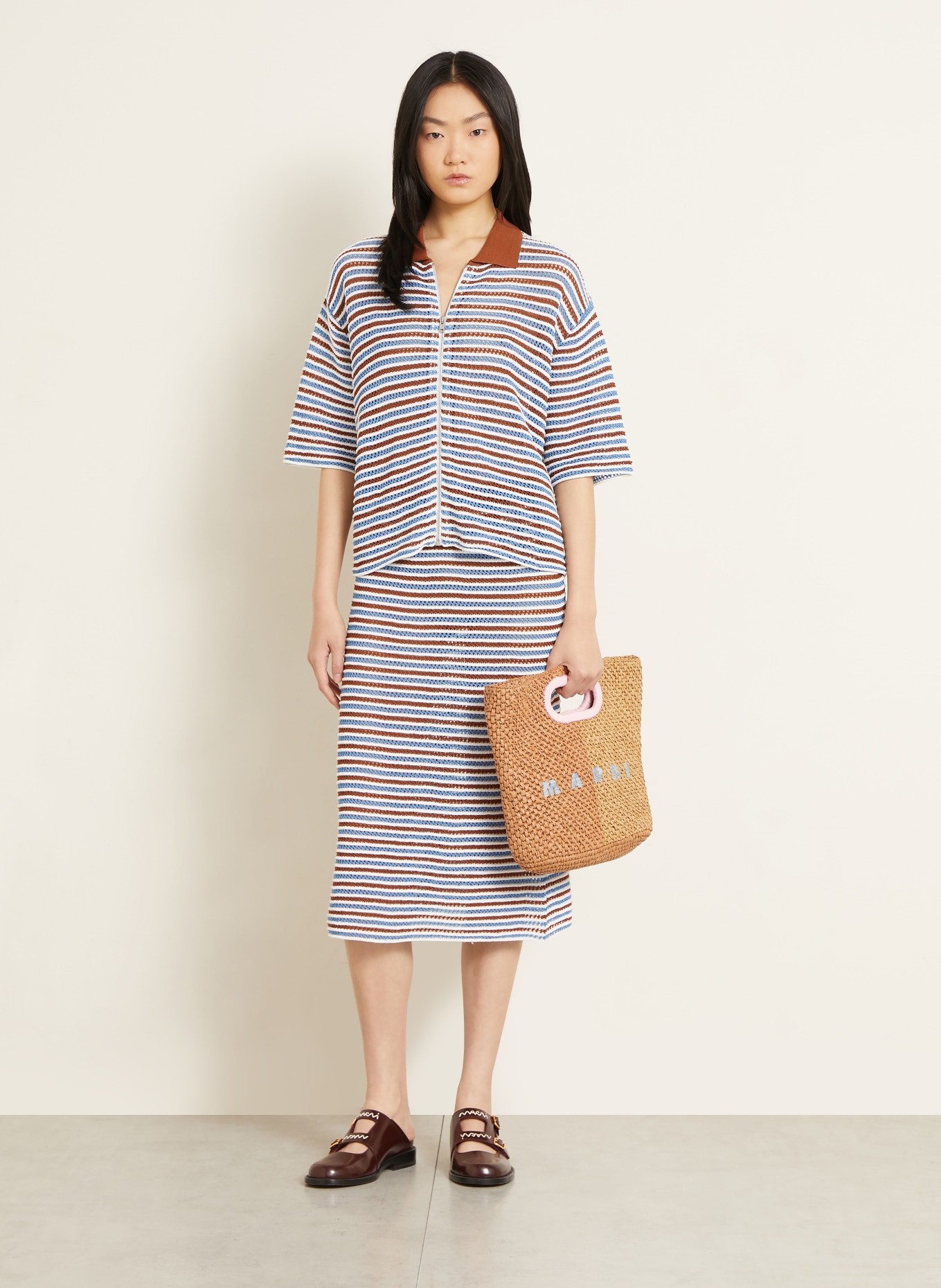 MARNI jupe en tricot: CRÈME / MARRON / BLEU CLAIR