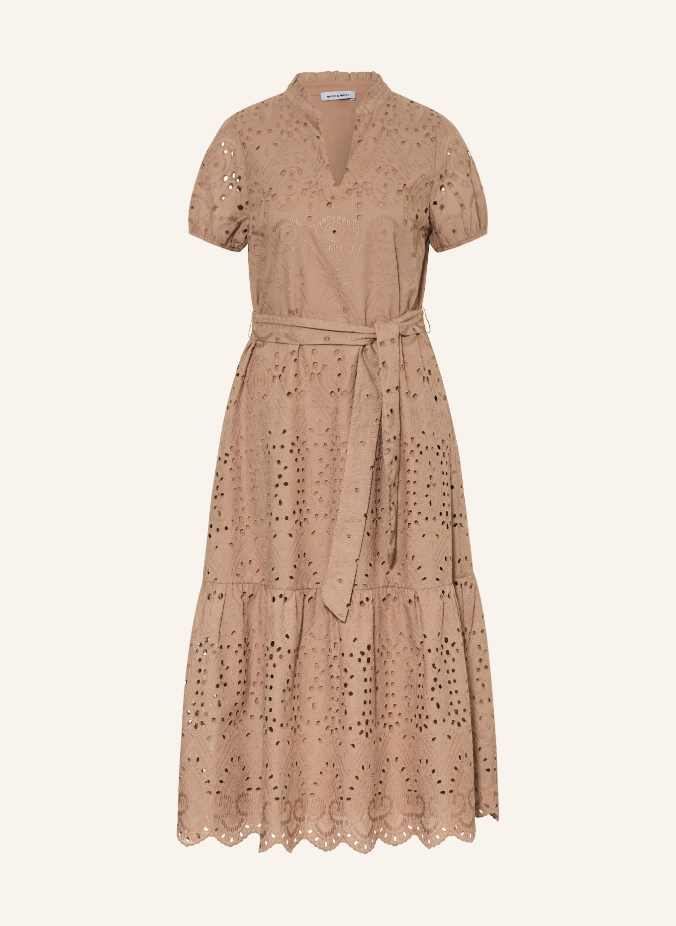 MORE & MORE Jurk van kant met gaatjes en ruches: LICHTBRUIN