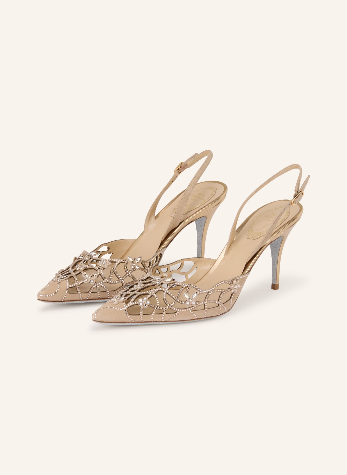 RENE CAOVILLA EDEN Slingback Pumps with Gemstones: BEIGE / GOLD
