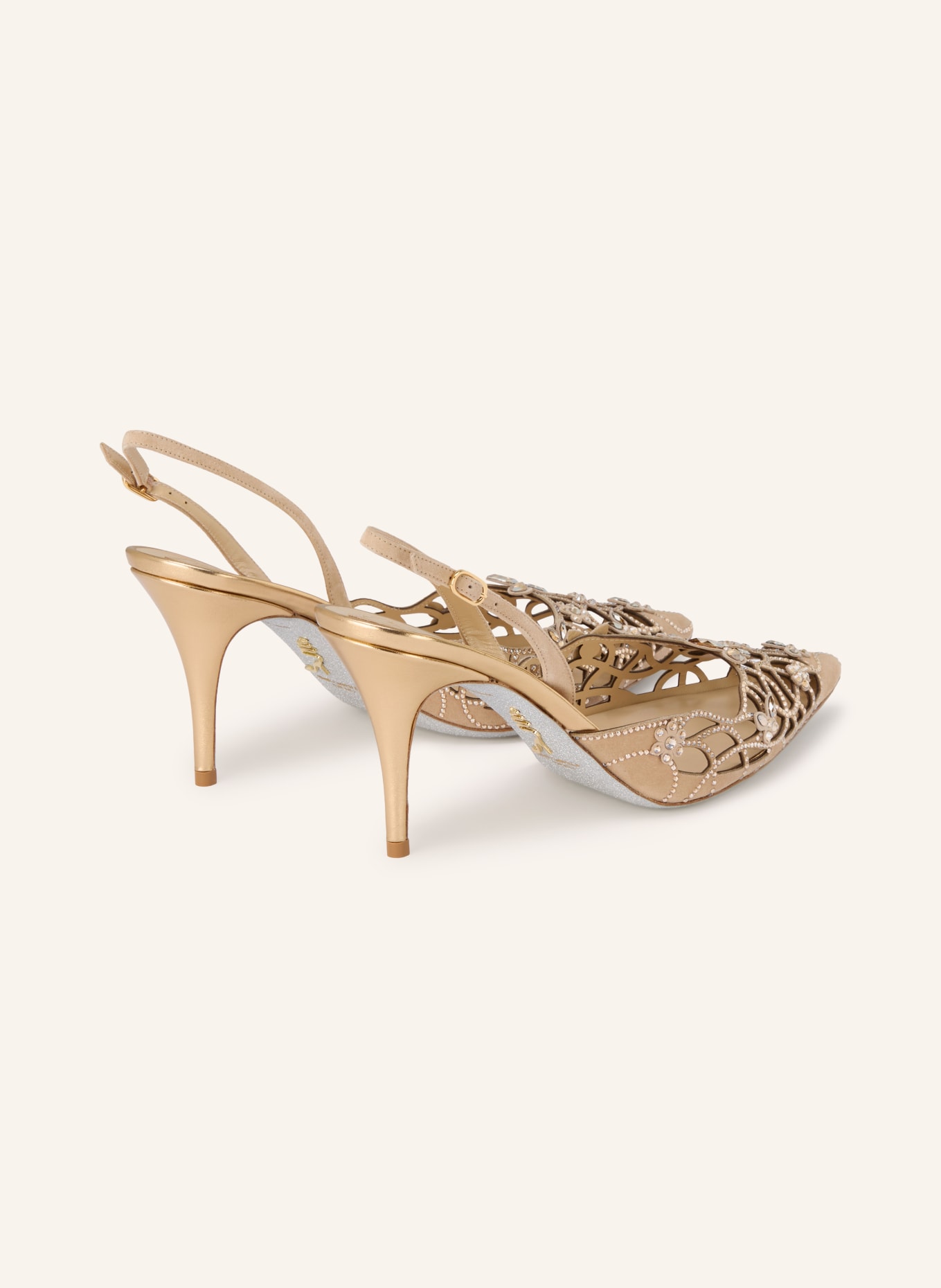 RENE CAOVILLA EDEN Slingback Pumps with Gemstones: BEIGE / GOLD