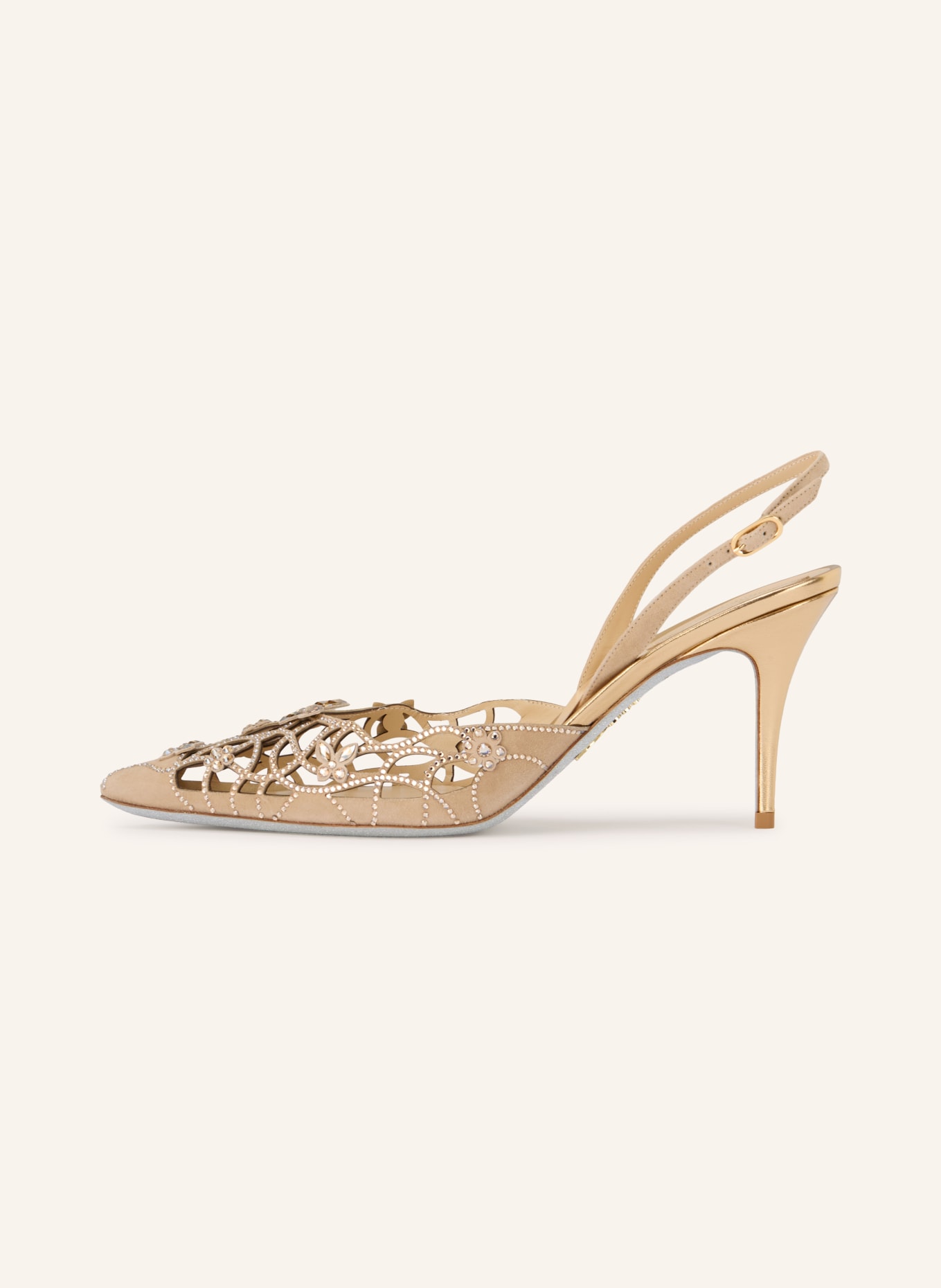 RENE CAOVILLA EDEN Slingback Pumps with Gemstones: BEIGE / GOLD