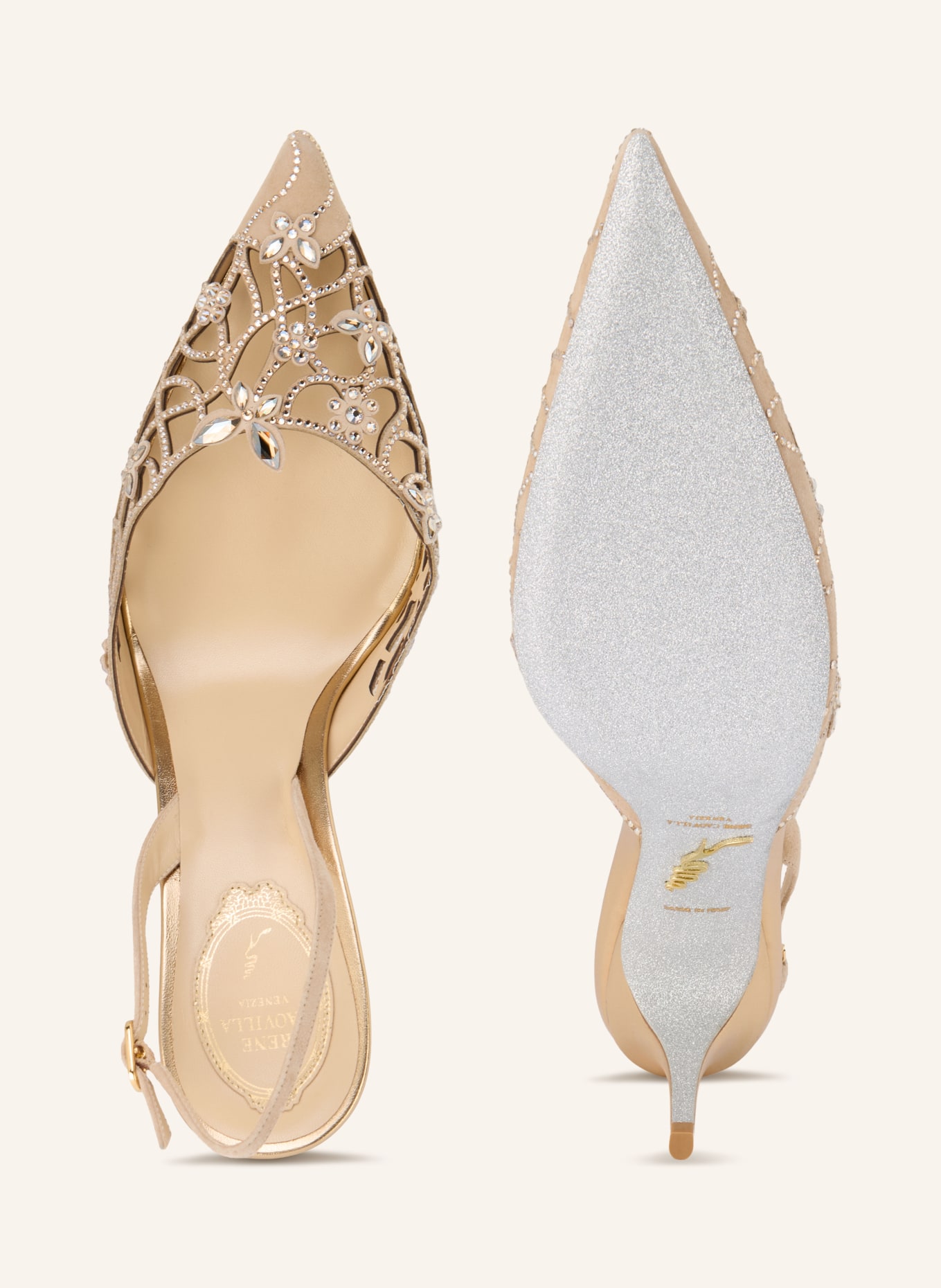 RENE CAOVILLA EDEN Slingback Pumps with Gemstones: BEIGE / GOLD