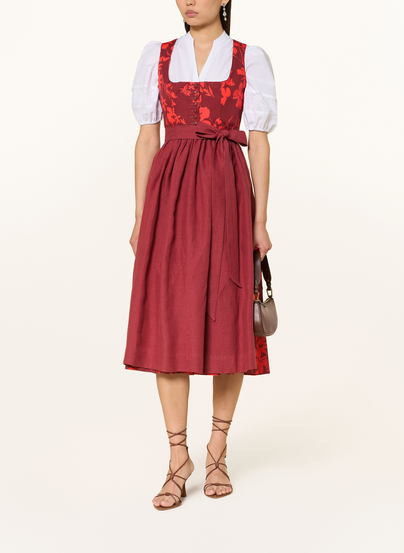 WALDORFF Dirndl CALENDULA mit Leinen: DUNKELROT / ROT