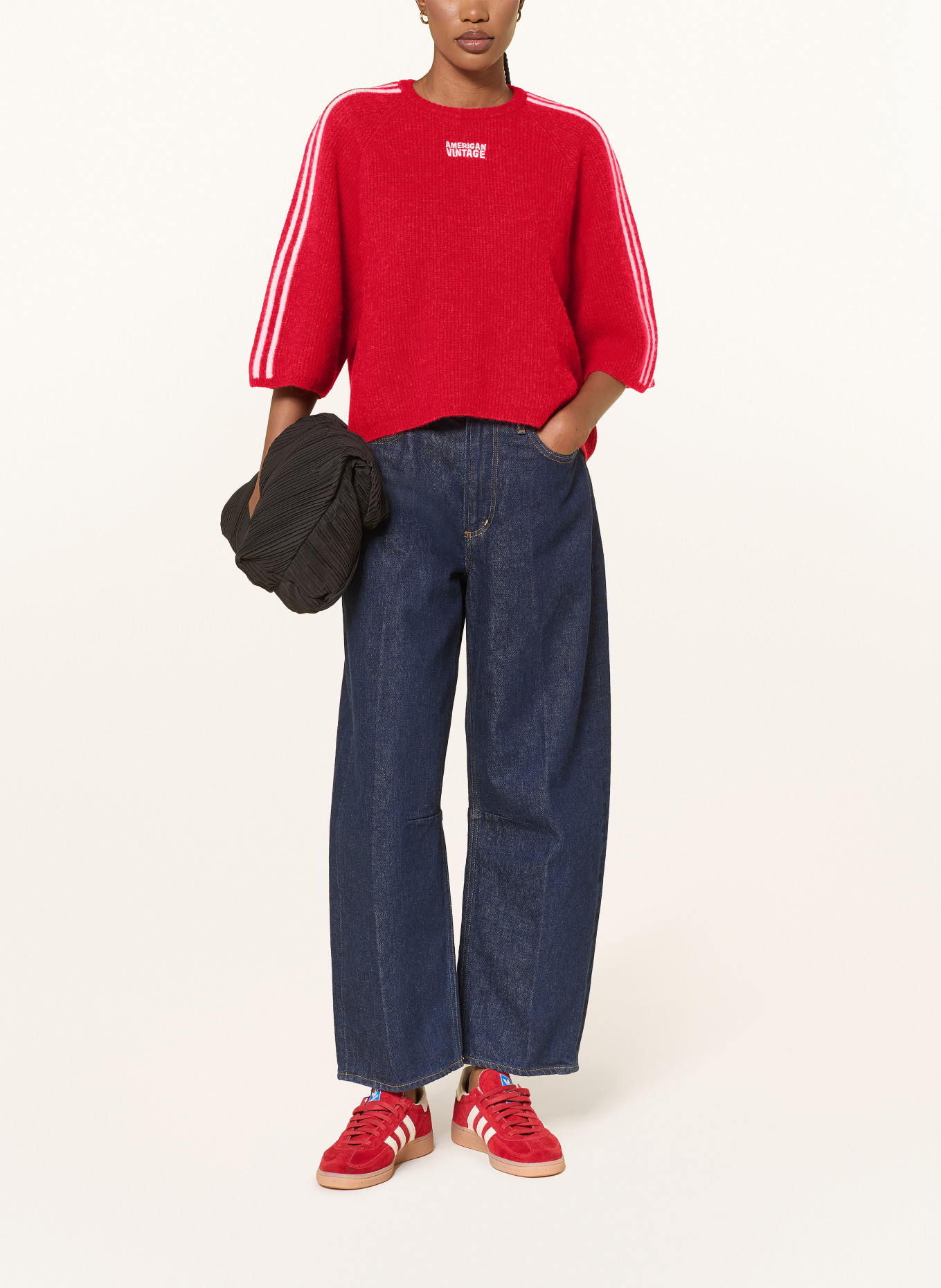 American Vintage Sweter z alpaki z rękawami 3/4: CZERWONY / BIAŁY