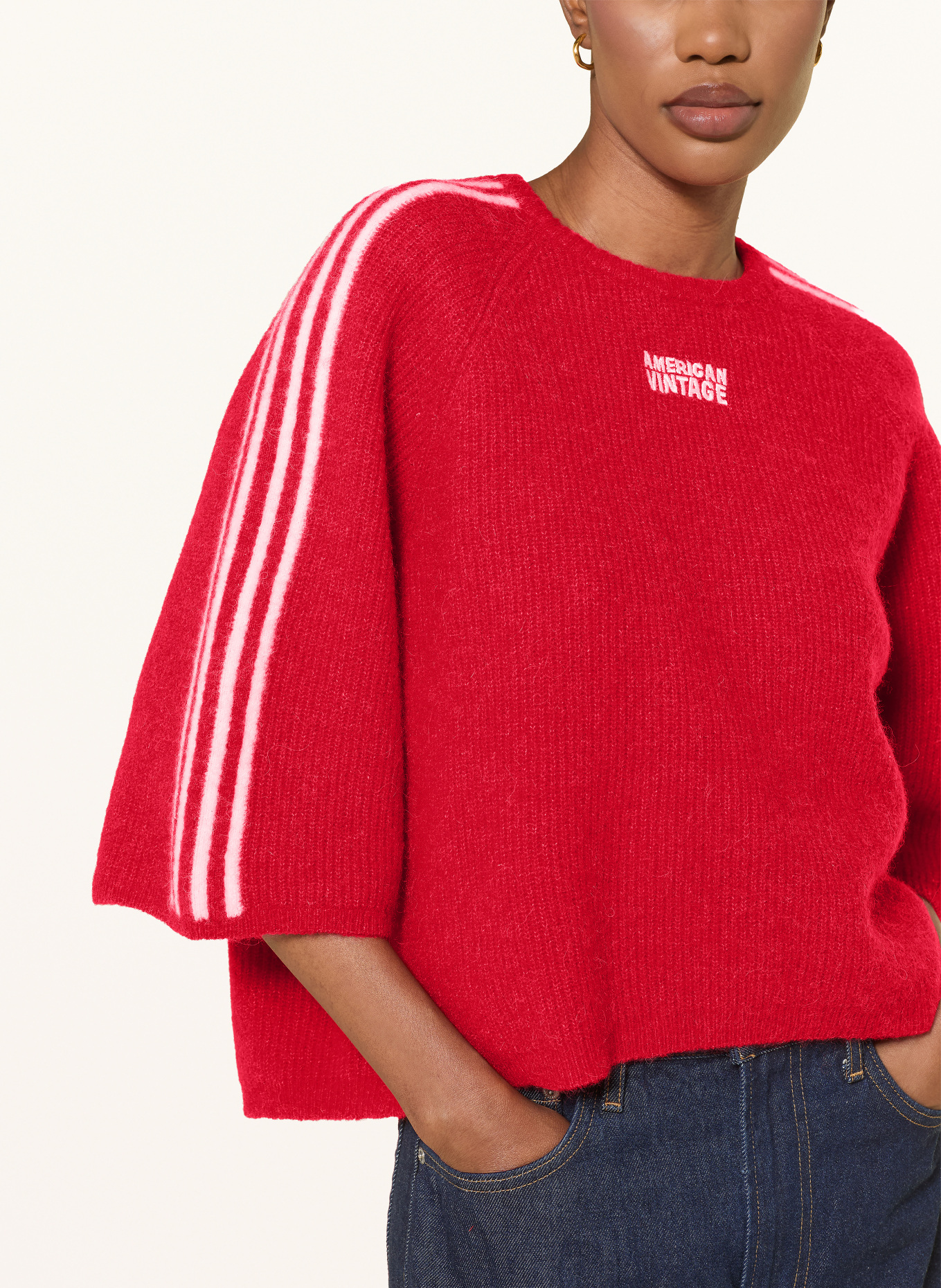 American Vintage Sweter z alpaki z rękawami 3/4: CZERWONY / BIAŁY