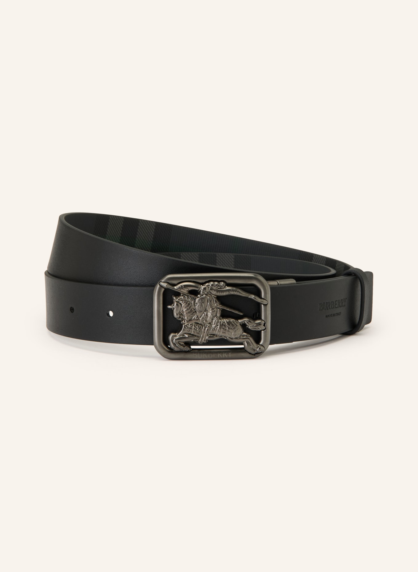BURBERRY RIDER Reversible Leather Belt: BLACK / GRAY / GREEN