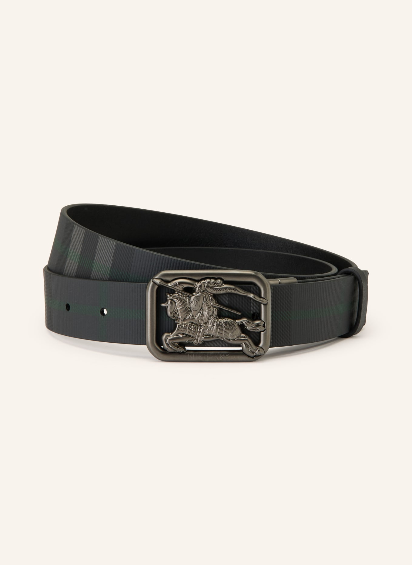 BURBERRY RIDER Reversible Leather Belt: BLACK / GRAY / GREEN