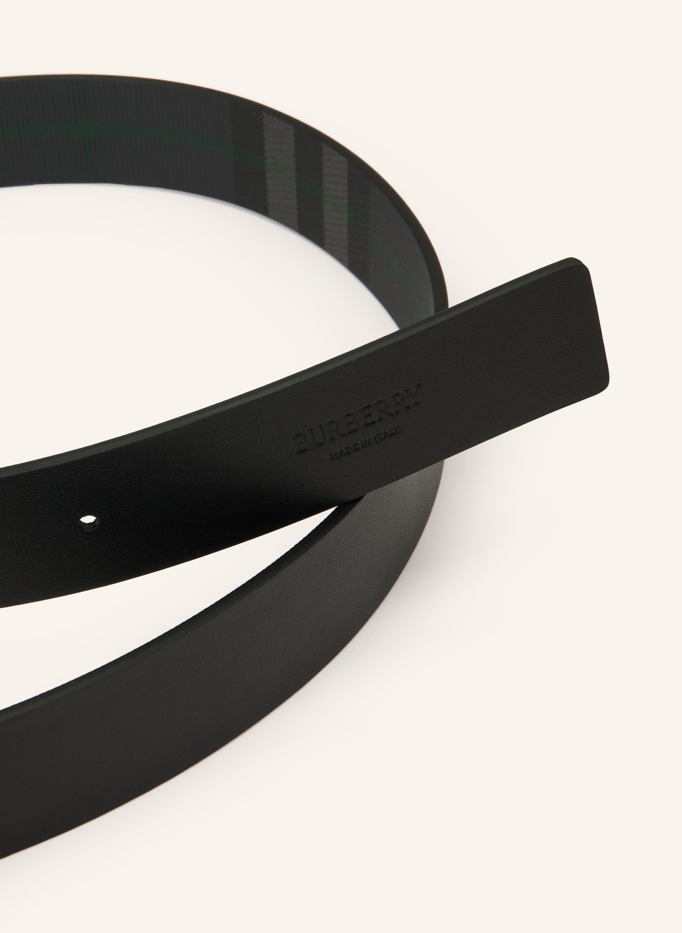 BURBERRY RIDER Reversible Leather Belt: BLACK / GRAY / GREEN