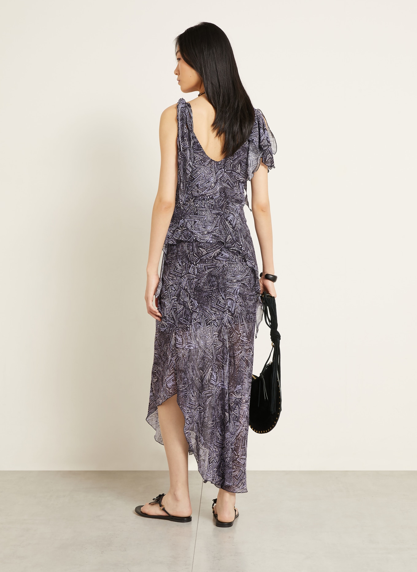 ISABEL MARANT Robe en soie TYLENA à volants: NOIR / LILAS CLAIR / LILAS FONCÉ