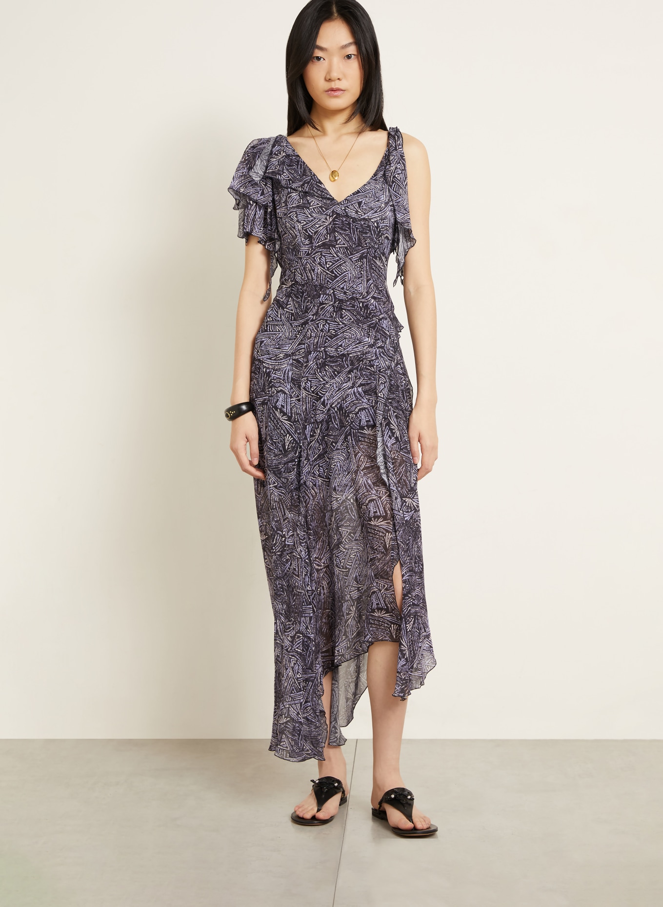 ISABEL MARANT Robe en soie TYLENA à volants: NOIR / LILAS CLAIR / LILAS FONCÉ