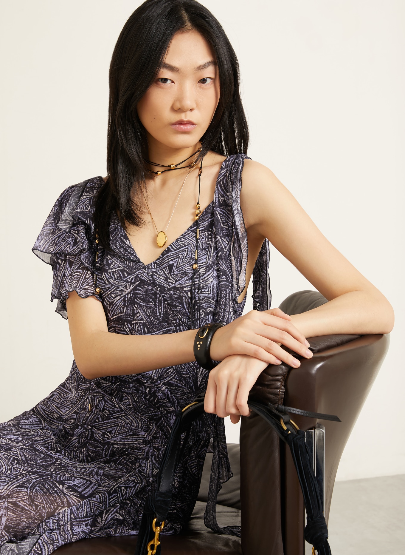 ISABEL MARANT Robe en soie TYLENA à volants: NOIR / LILAS CLAIR / LILAS FONCÉ