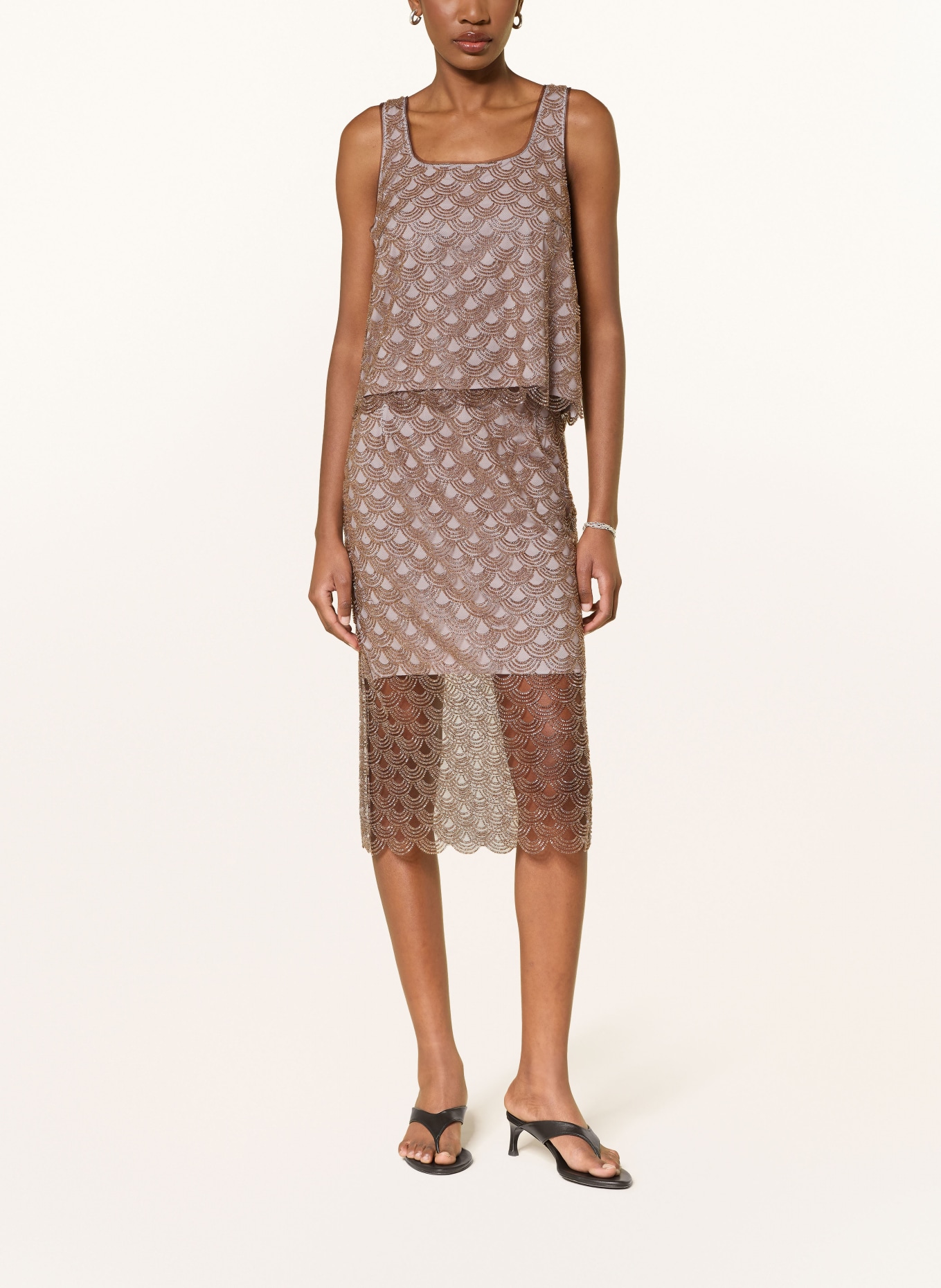 ROTATE Mesh skirt with decorative beads: TAUPE