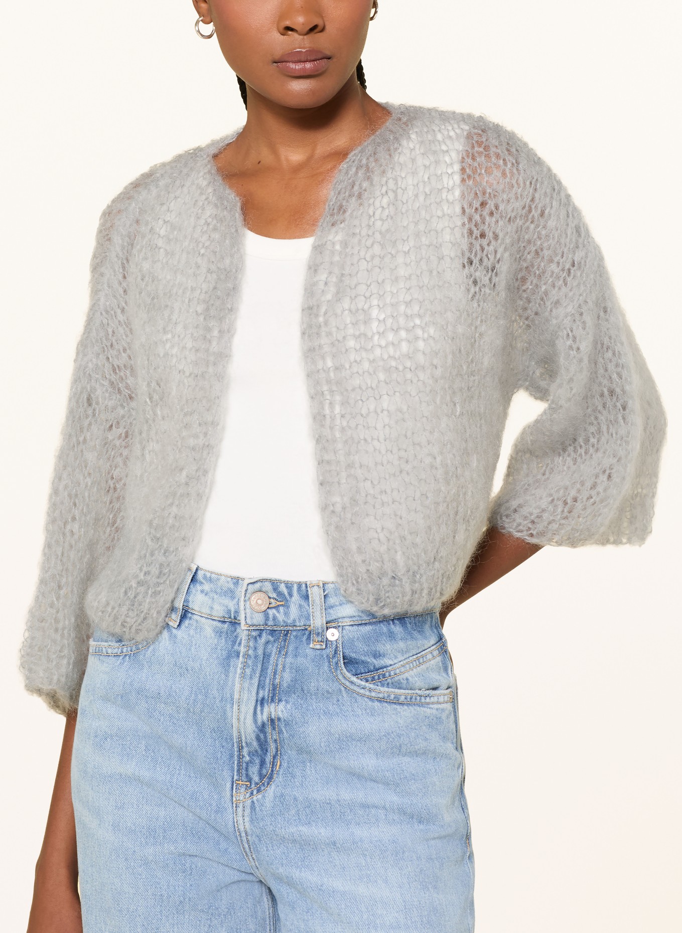 MAIAMI Cache-cœur court en tricot de mohair à manches 3/4: GRIS