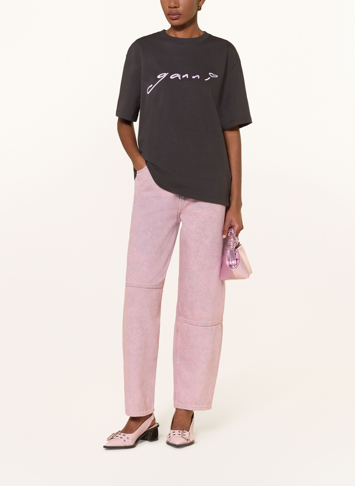 GANNI T-Shirt: DUNKELGRAU / HELLLILA