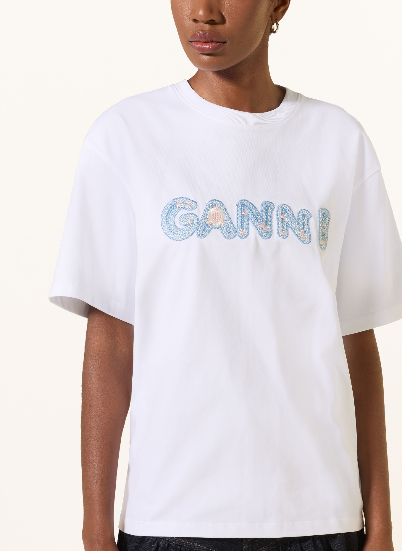 GANNI T-Shirt: WEISS / HELLBLAU