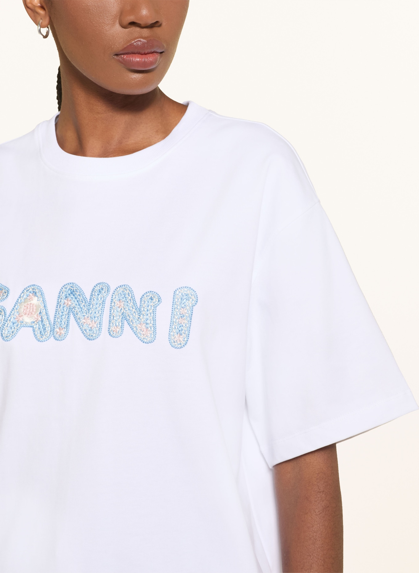 GANNI T-Shirt: WEISS / HELLBLAU