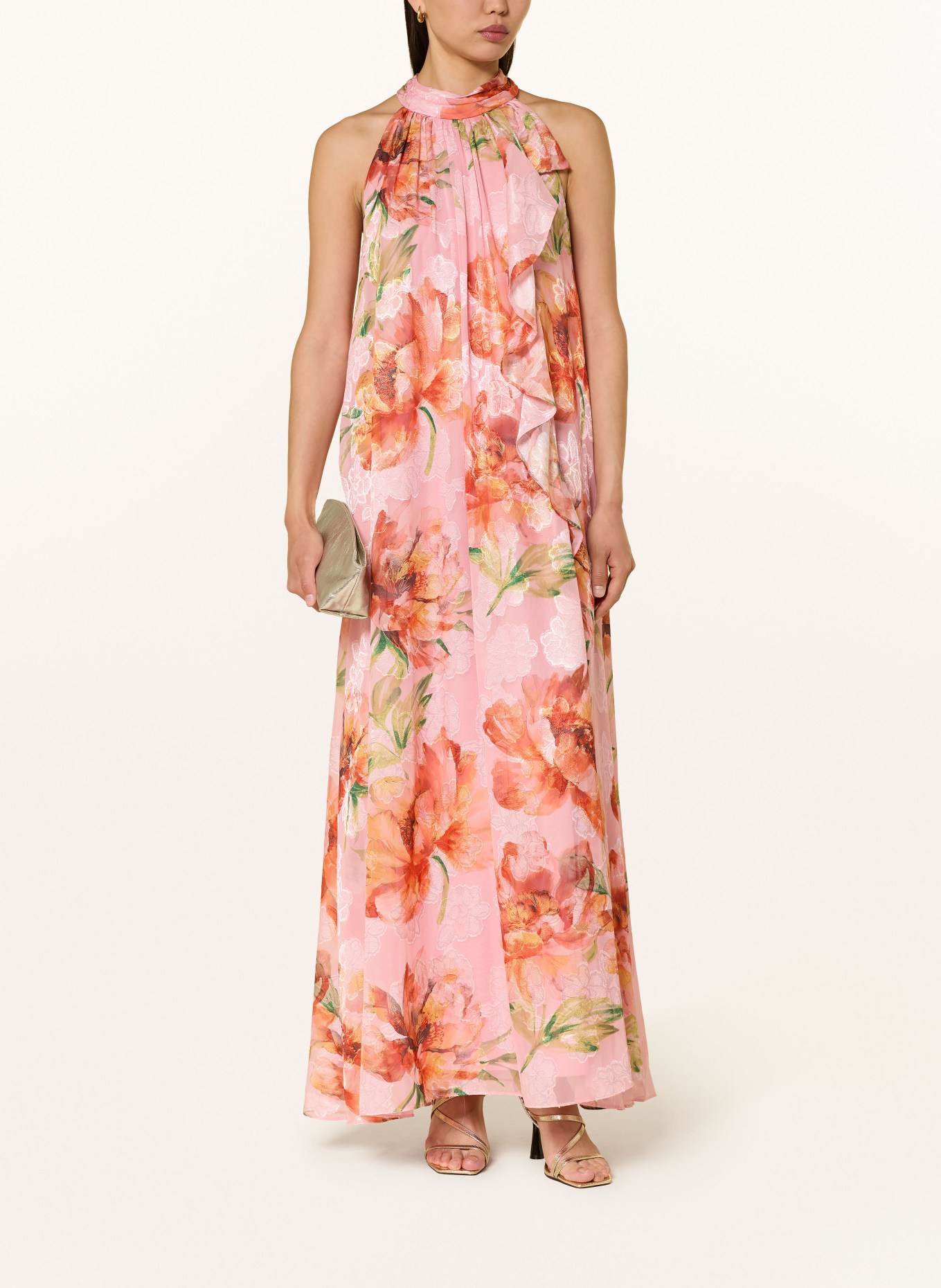 ADRIANNA PAPELL Abendkleid mit Volants: ROSA / ORANGE / GRÜN