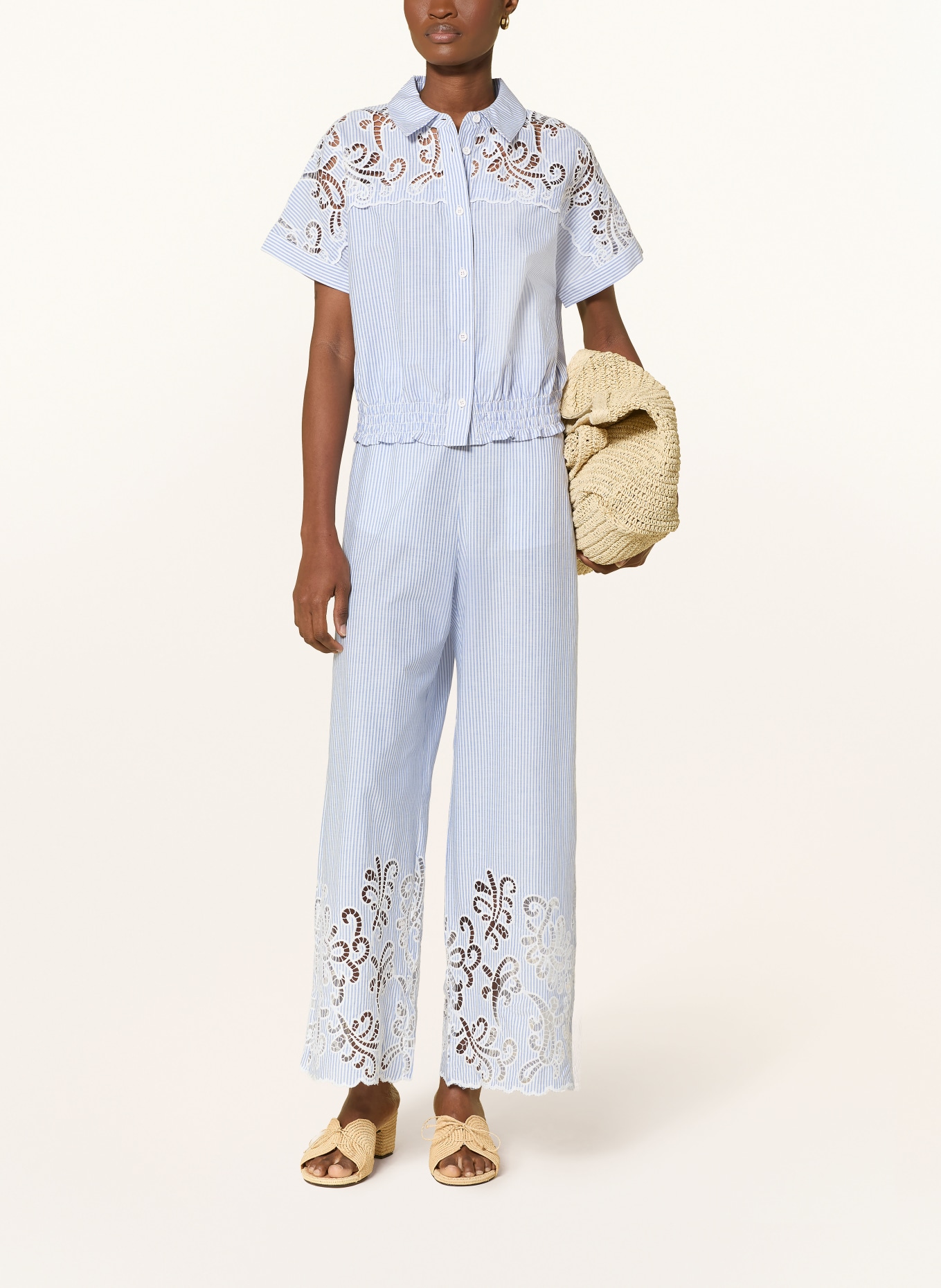 SUNCOO JOSS pants with eyelet lace: LIGHT BLUE / WHITE
