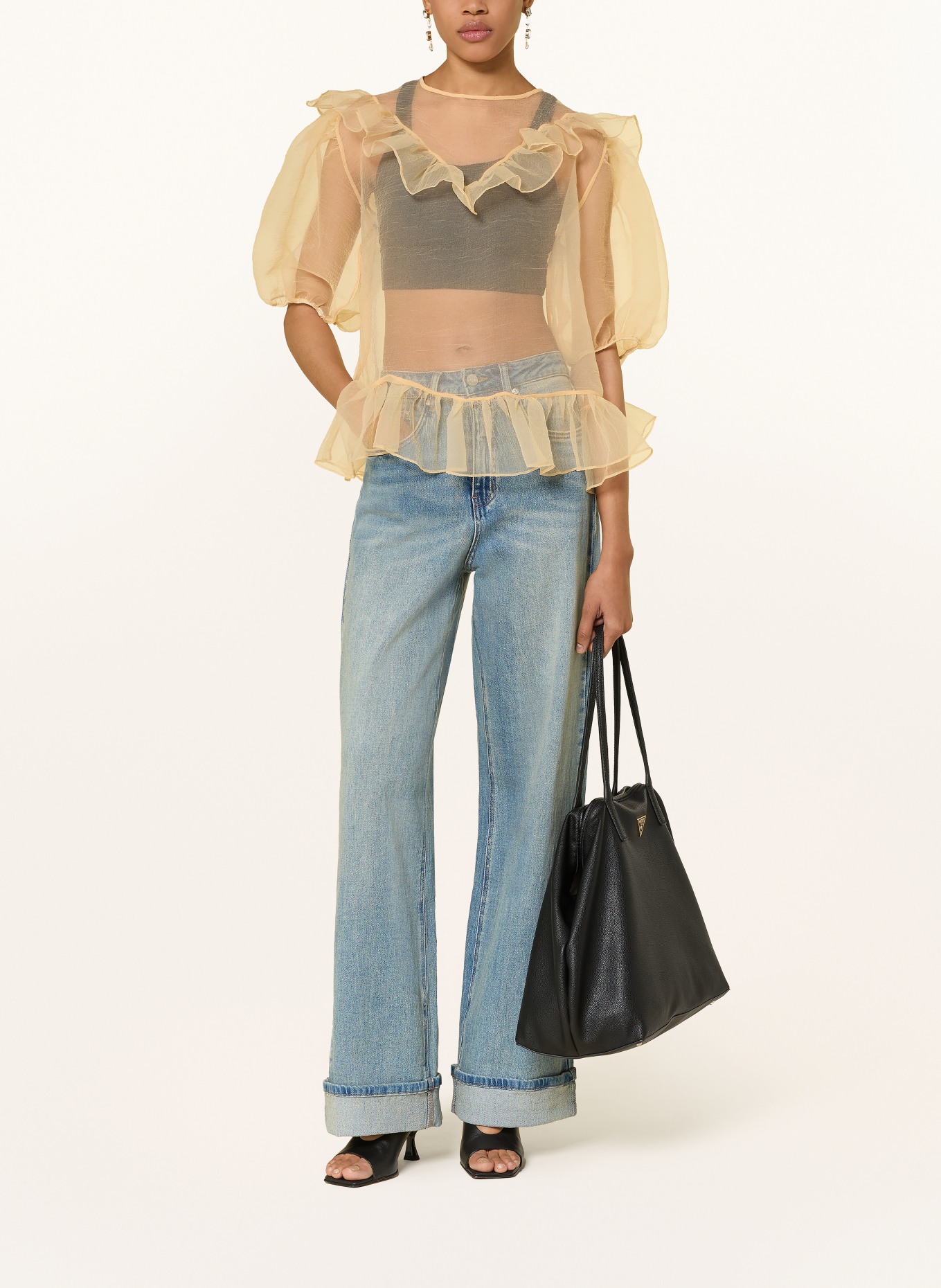 ESTHÉ Blouse-style shirt with 3/4 sleeves and ruffles: LIGHT YELLOW