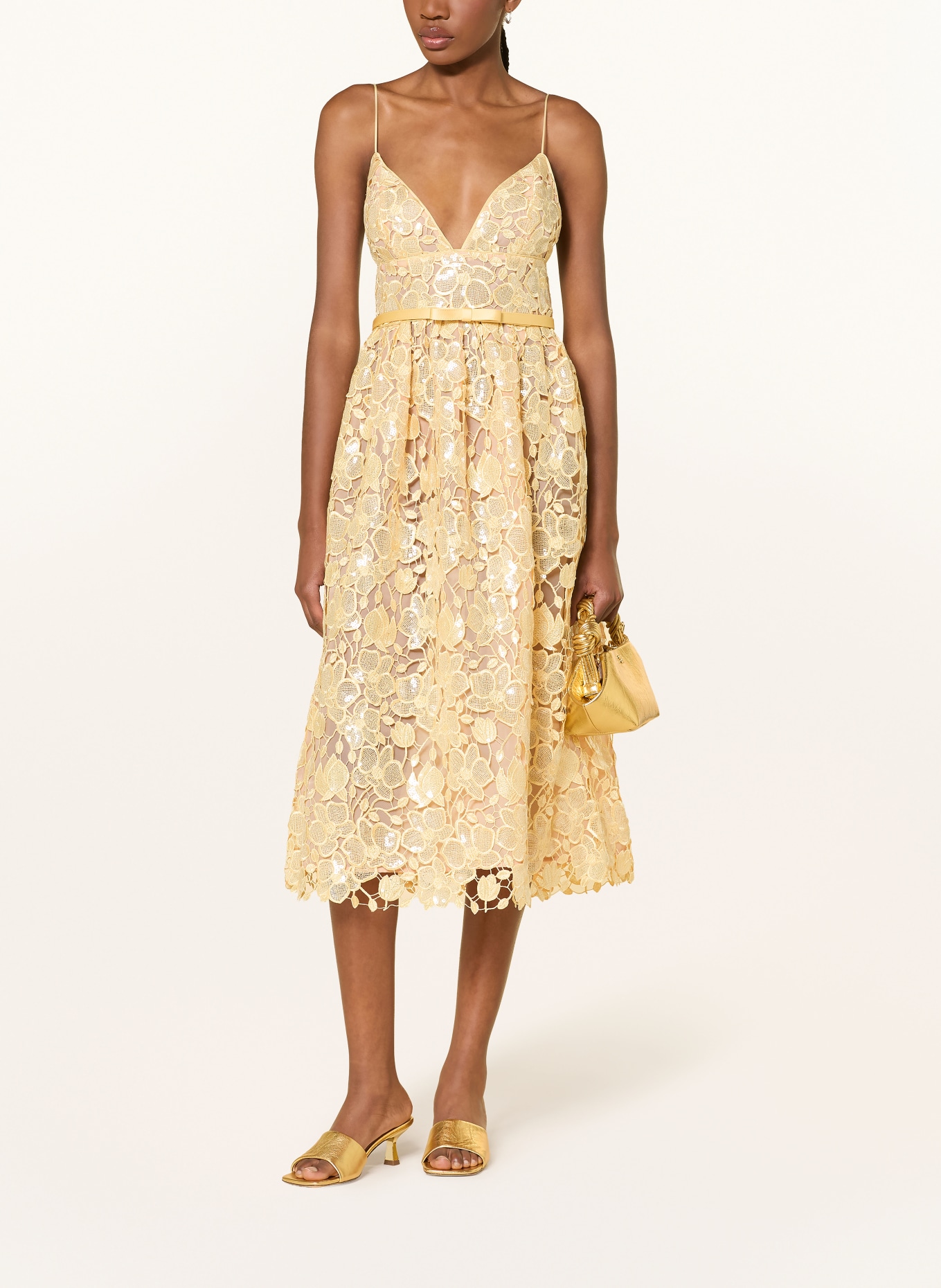RETROFÊTE Cocktailkleid EULALIA aus Lochspitze mit Pailletten: HELLGELB