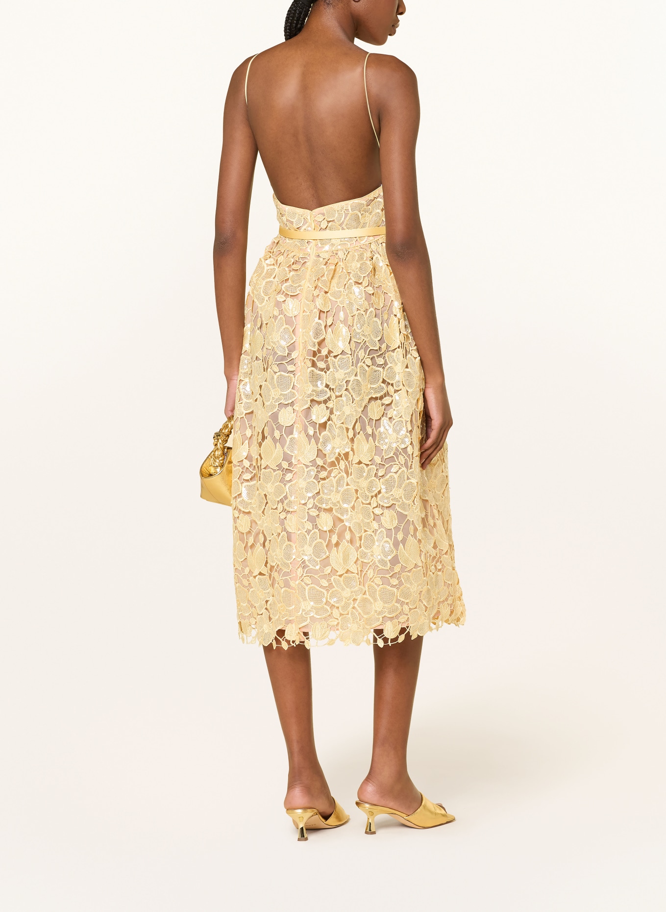 RETROFÊTE Cocktailkleid EULALIA aus Lochspitze mit Pailletten: HELLGELB