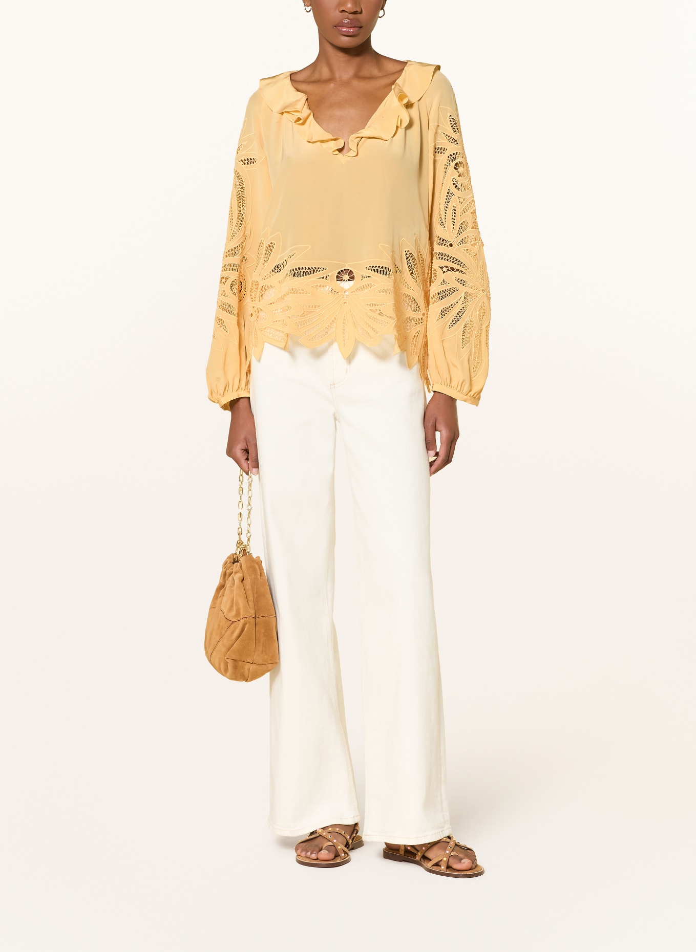 ULLA JOHNSON ADONIS silk blouse with eyelet lace: YELLOW