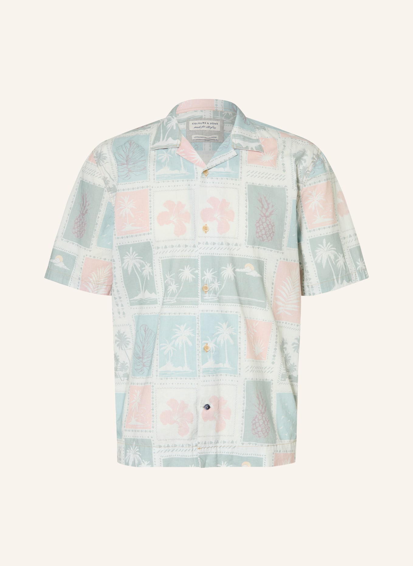 COLOURS & SONS Resorthemd POSTCARDS Regular Fit: HELLGRÜN / HELLROSA