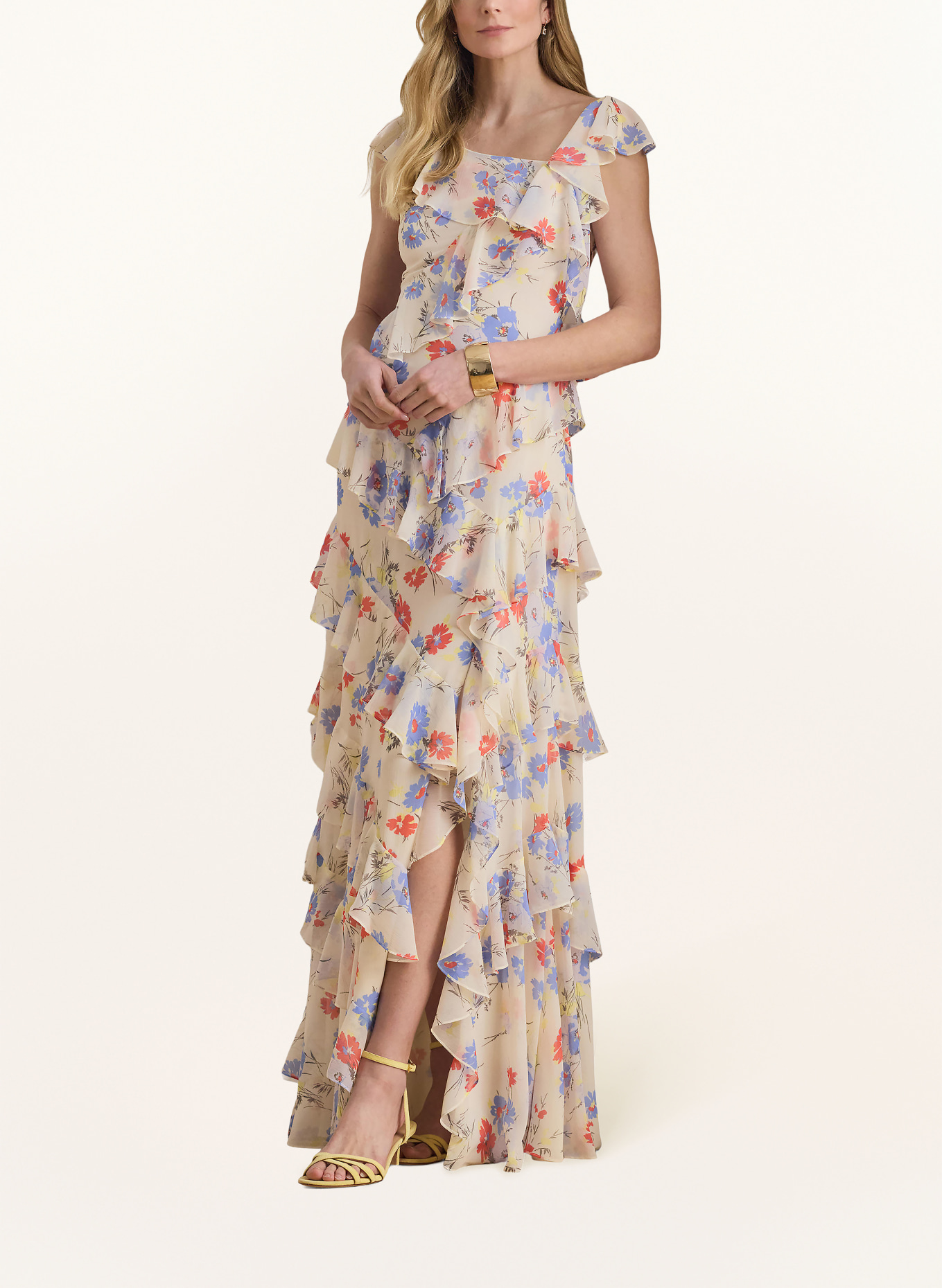LAUREN RALPH LAUREN Abendkleid mit Volants: CREME / HELLROT / HELLBLAU