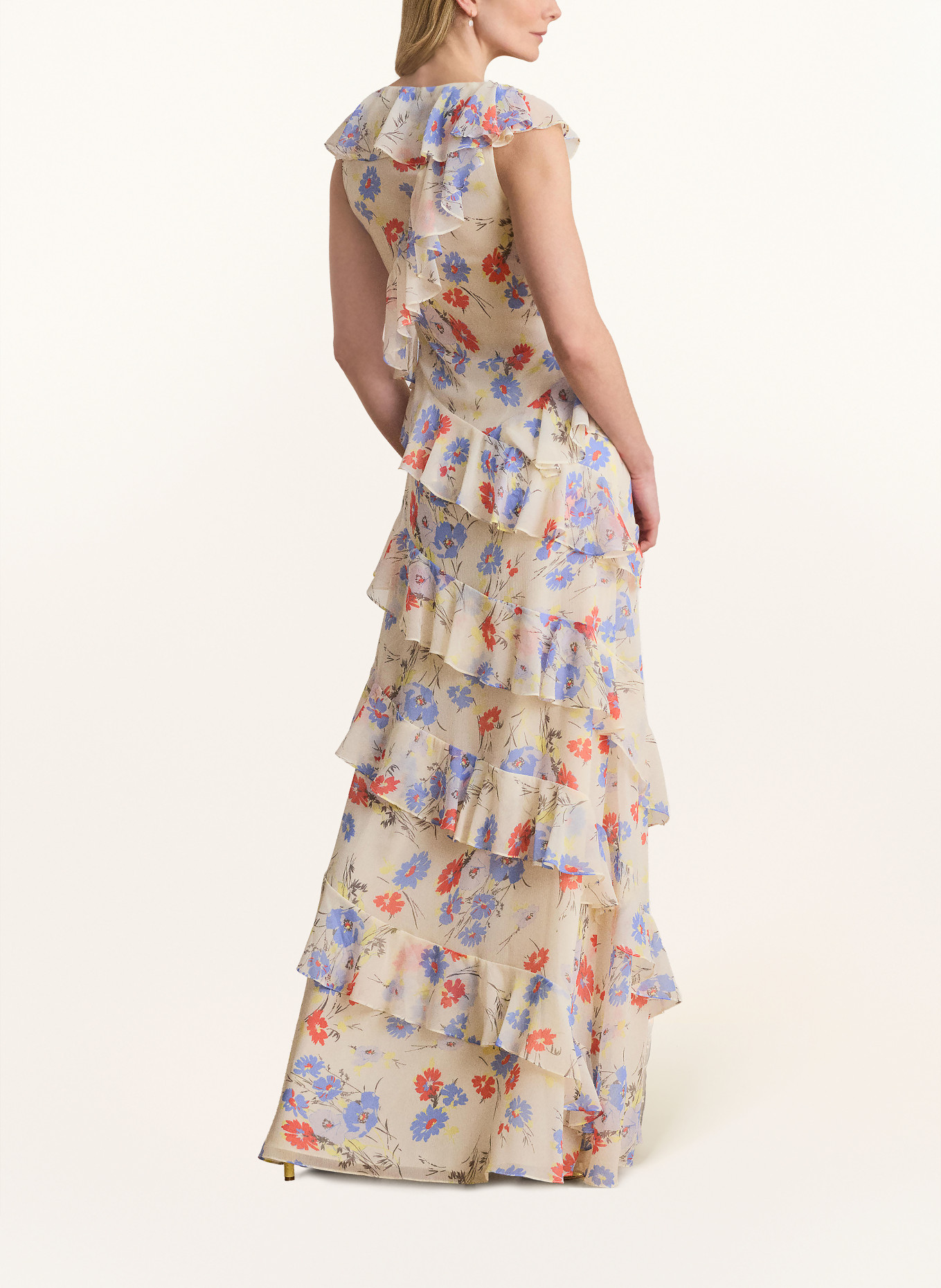 LAUREN RALPH LAUREN Abendkleid mit Volants: CREME / HELLROT / HELLBLAU