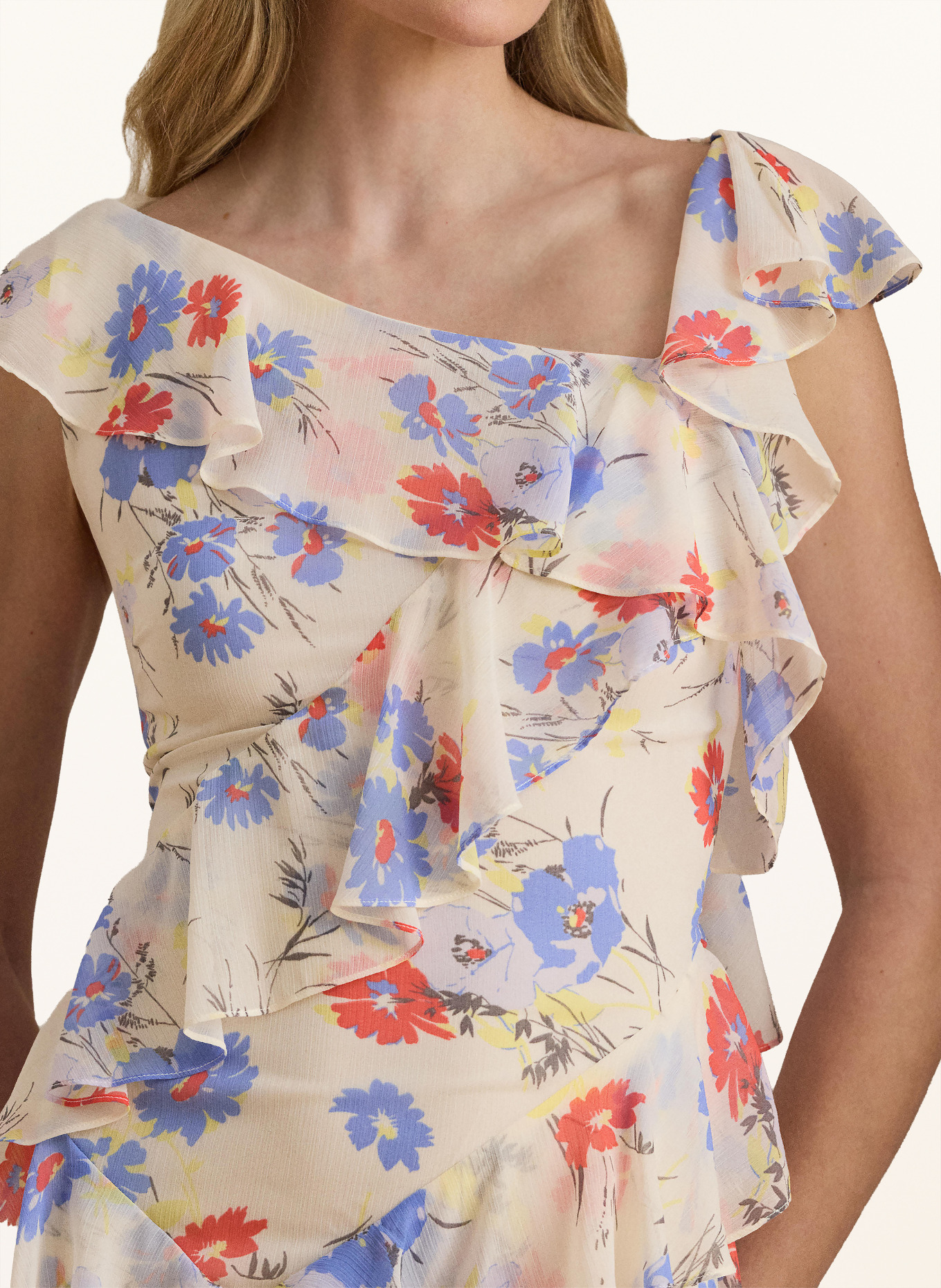 LAUREN RALPH LAUREN Abendkleid mit Volants: CREME / HELLROT / HELLBLAU