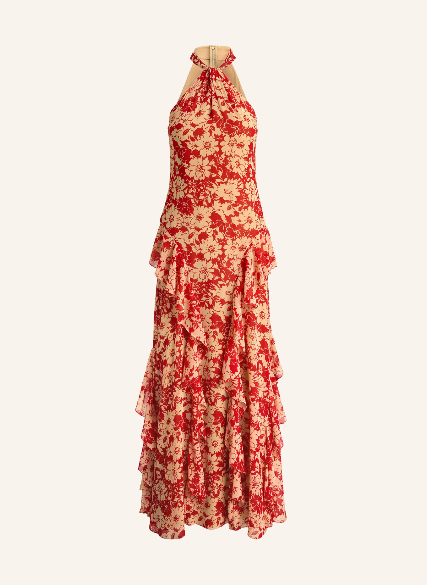 LAUREN RALPH LAUREN Abendkleid mit Volants: ROT / BEIGE