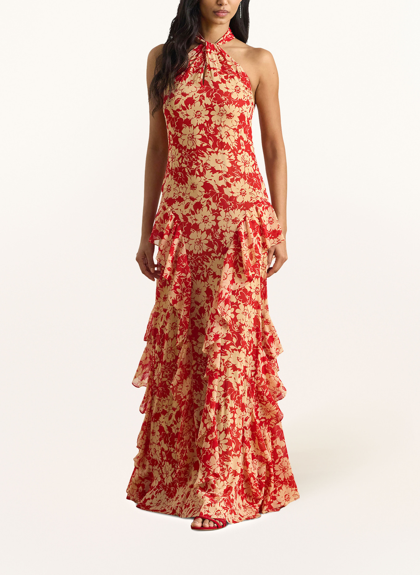 LAUREN RALPH LAUREN Abendkleid mit Volants: ROT / BEIGE