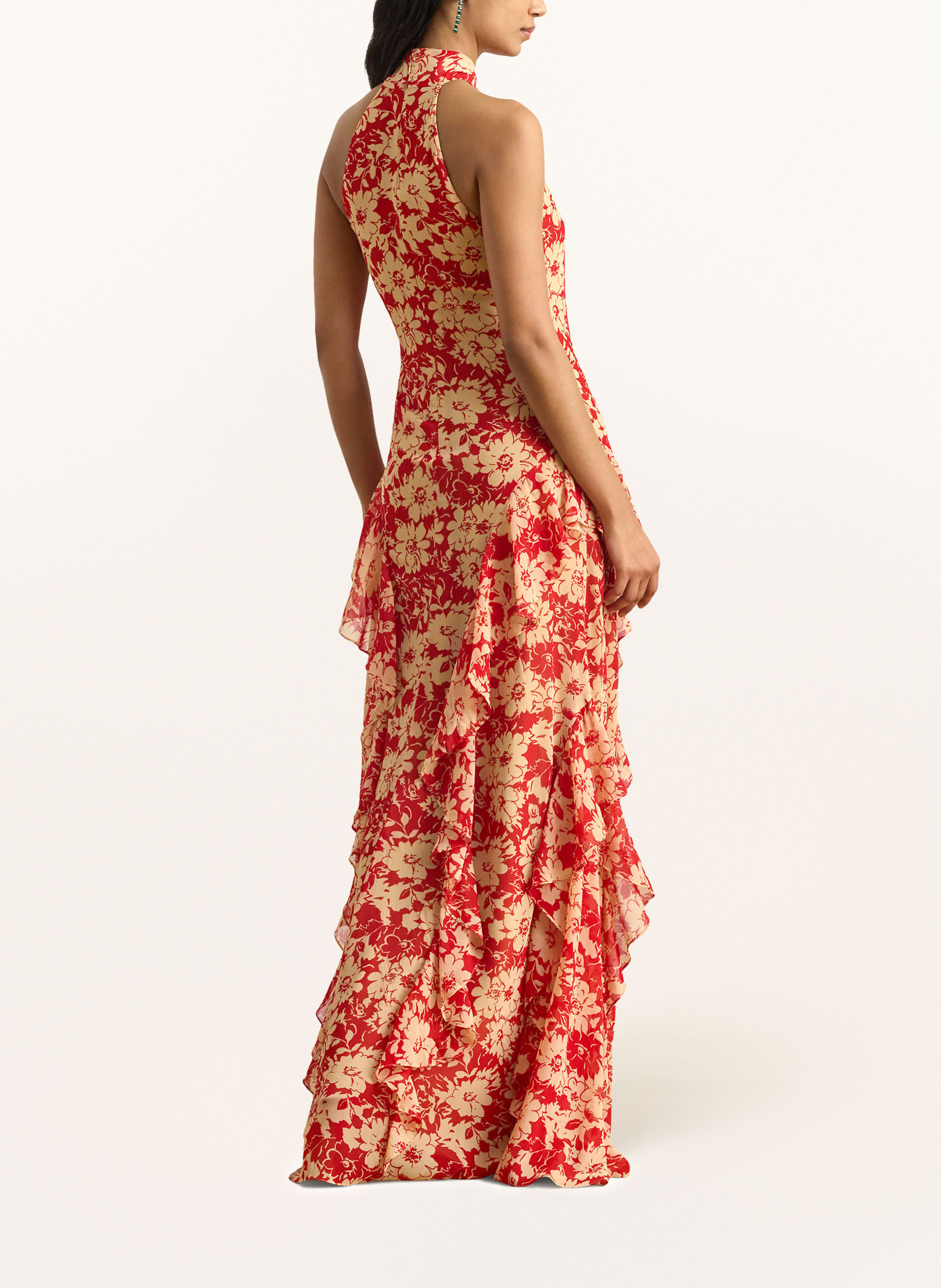 LAUREN RALPH LAUREN Abendkleid mit Volants: ROT / BEIGE