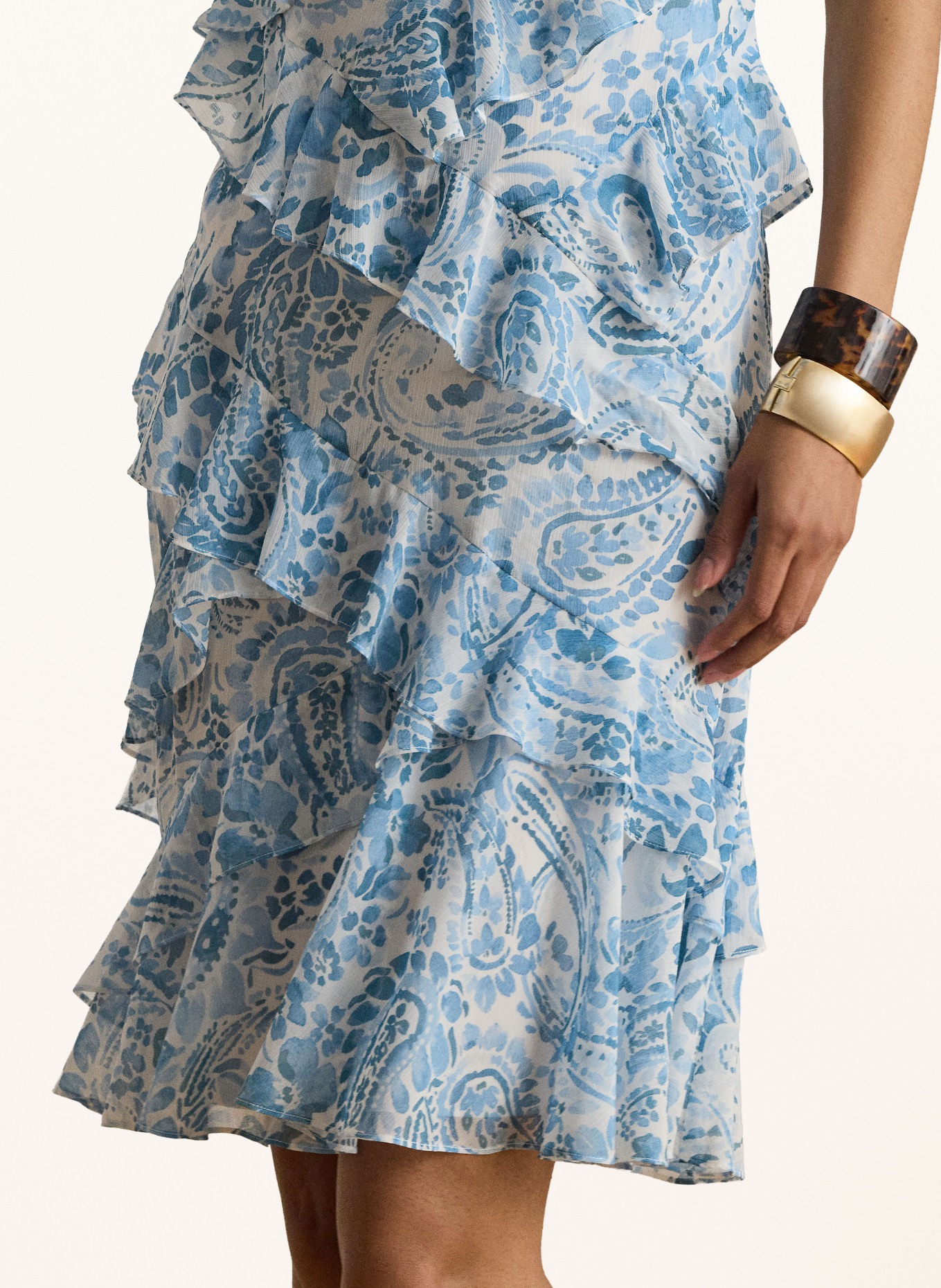 LAUREN RALPH LAUREN Sukienka z odkrytymi ramionami i falbanami: NIEBIESKI / JASNONIEBIESKI / BIAŁY