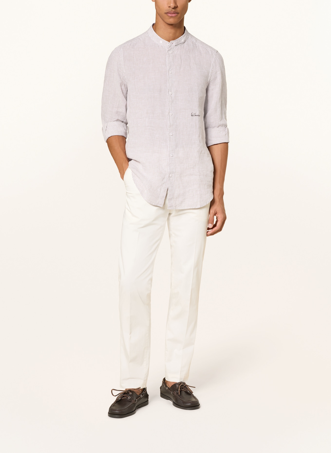 Luis Trenker Chemise en lin LUBERNET coupe classique avec col montant: MARRON CLAIR / BLANC