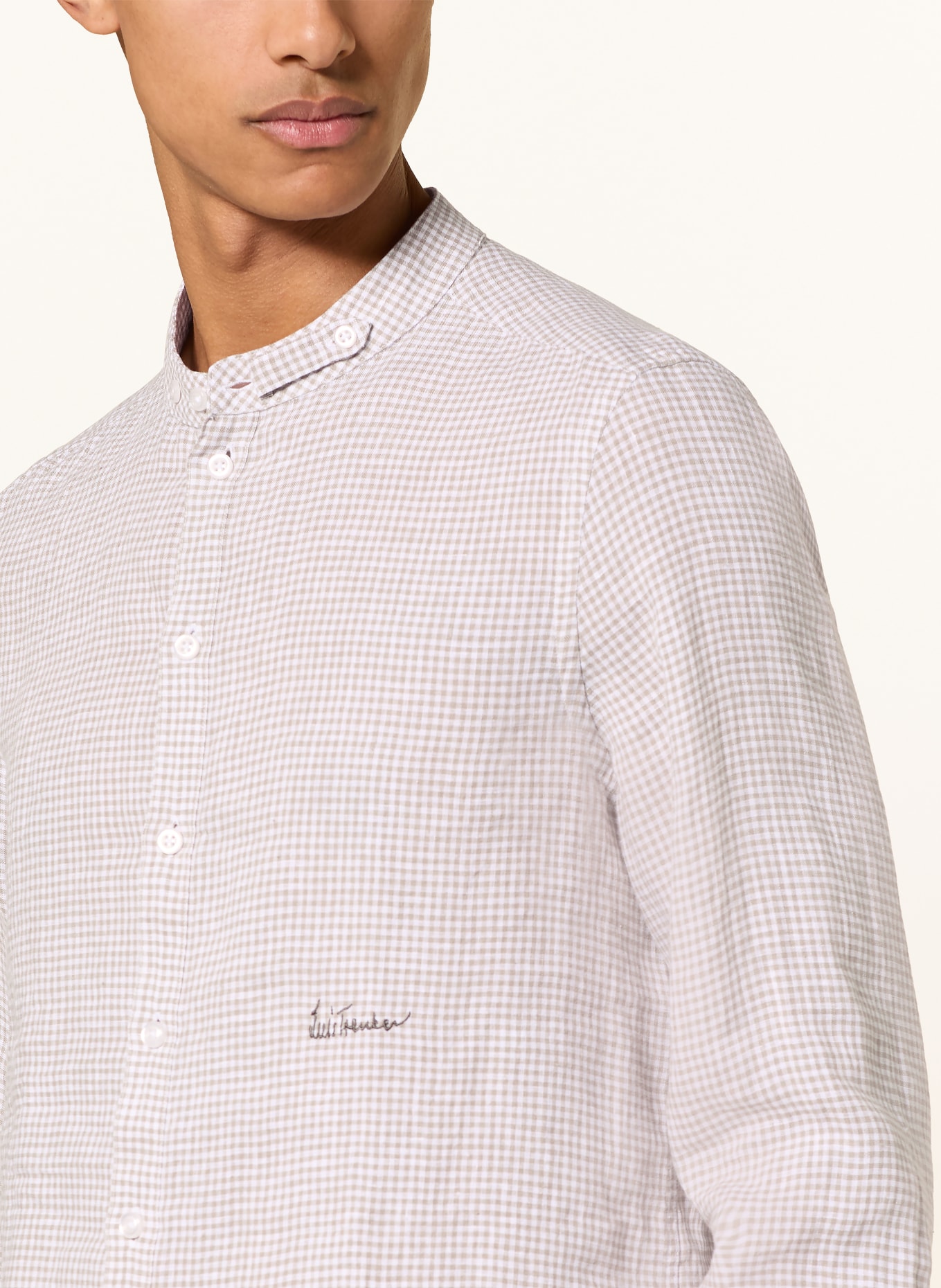 Luis Trenker Chemise en lin LUBERNET coupe classique avec col montant: MARRON CLAIR / BLANC