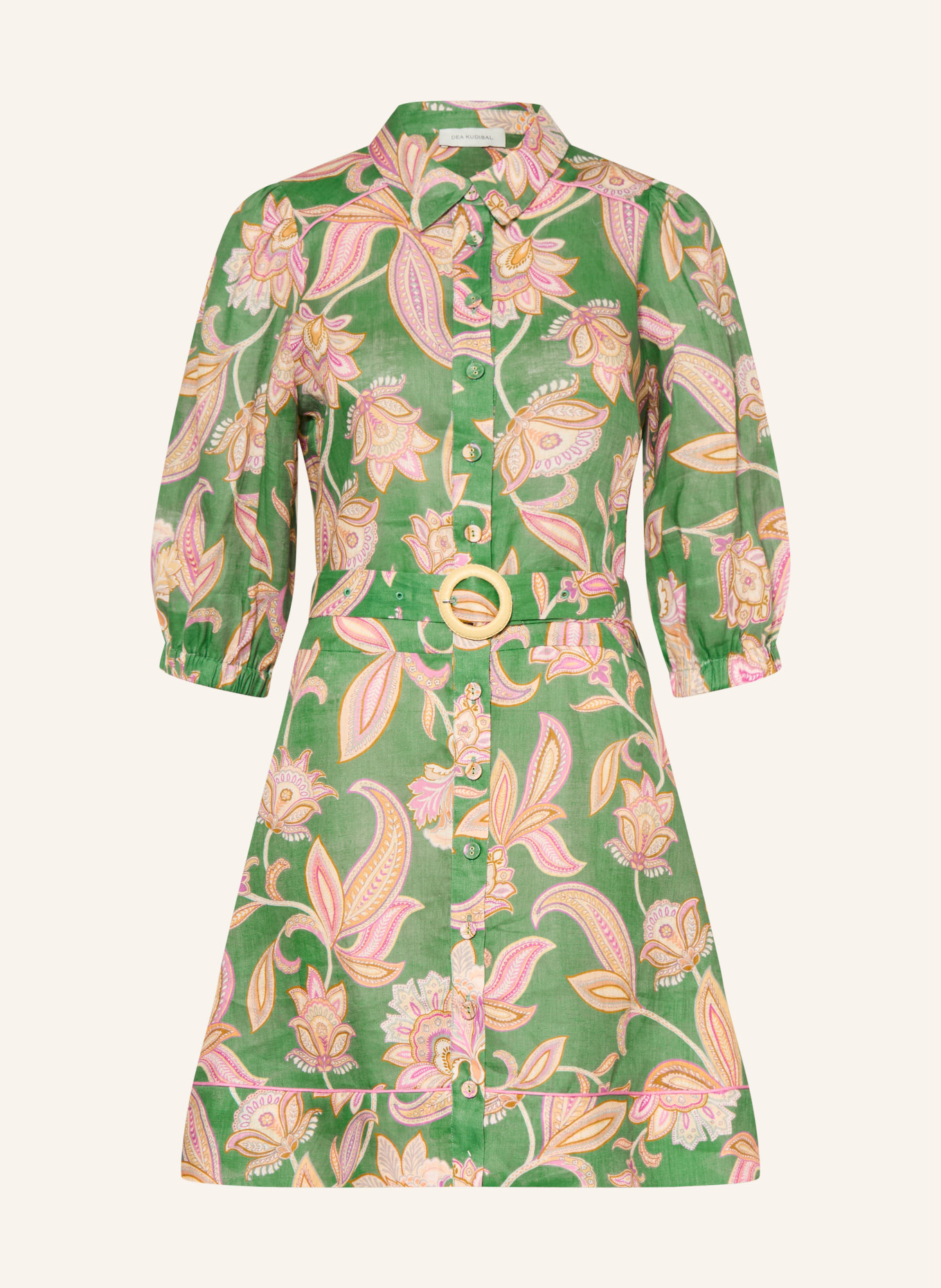 dea kudibal MARYDEA linen shirt dress with 3/4 sleeves: GREEN / DUSKY PINK / BEIGE