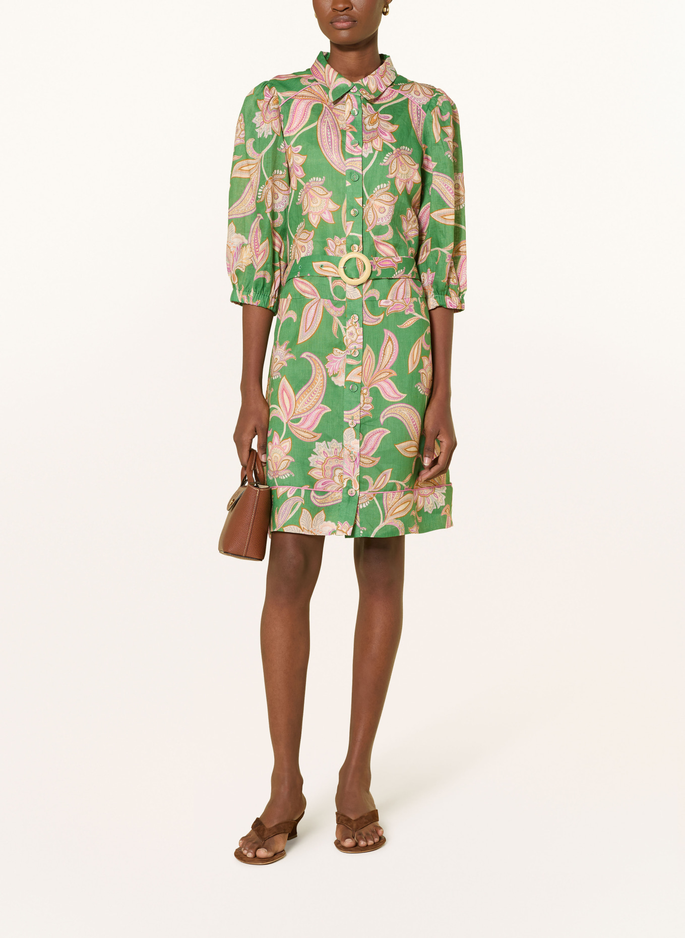 dea kudibal MARYDEA linen shirt dress with 3/4 sleeves: GREEN / DUSKY PINK / BEIGE