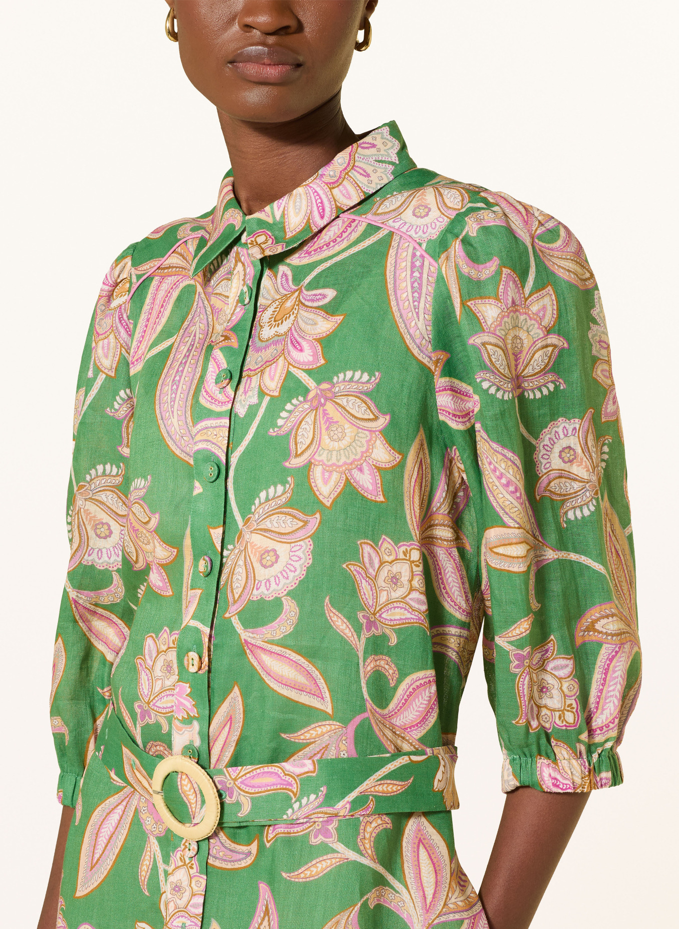 dea kudibal MARYDEA linen shirt dress with 3/4 sleeves: GREEN / DUSKY PINK / BEIGE