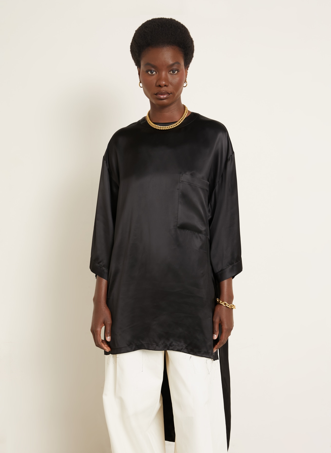 DARKPARK TARA Satin Blouse with 3/4 Sleeves: BLACK