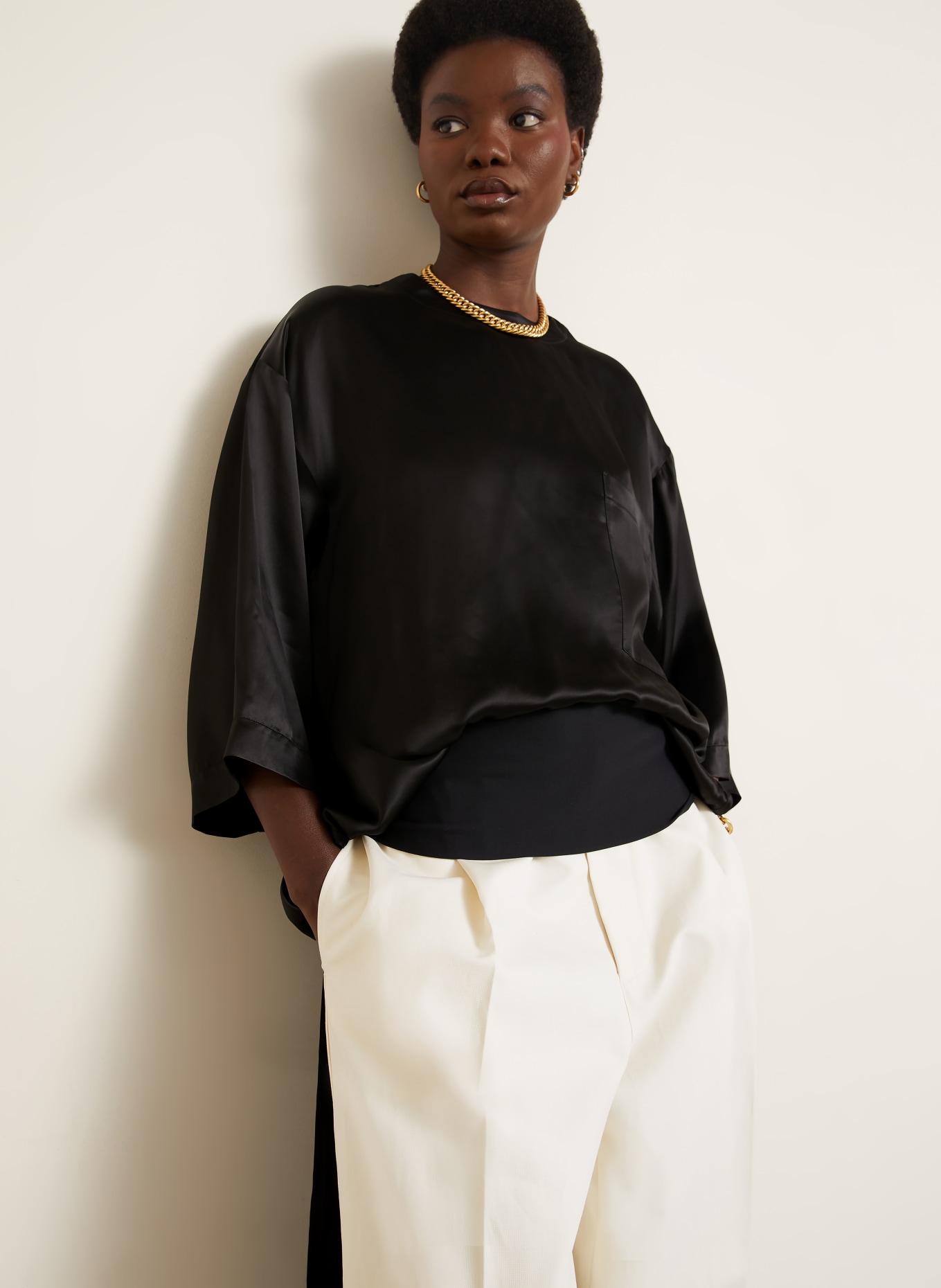 DARKPARK TARA Satin Blouse with 3/4 Sleeves: BLACK