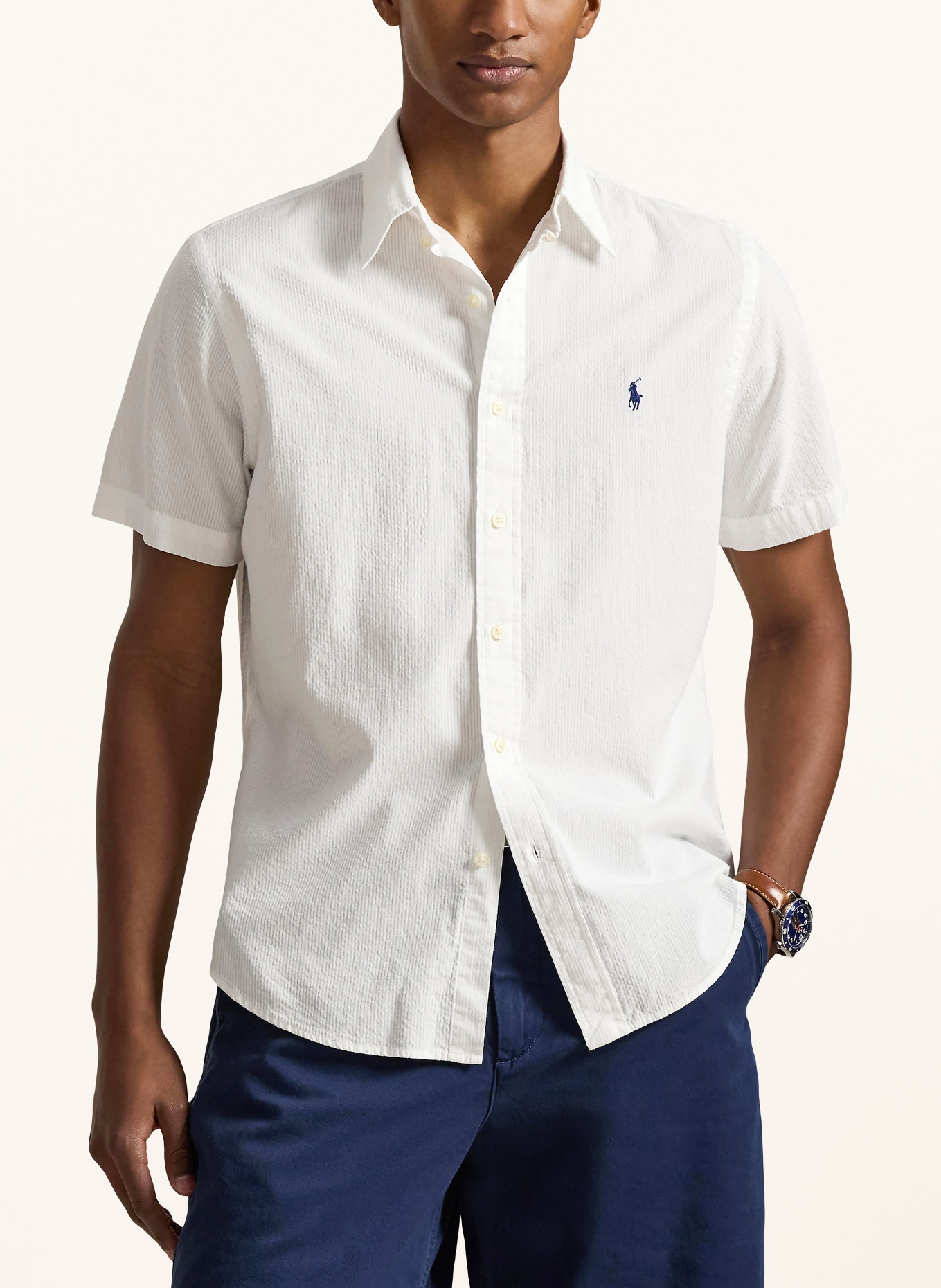 POLO RALPH LAUREN Overhemd met korte mouwen, Custom Fit: WIT / DONKERBLAUW